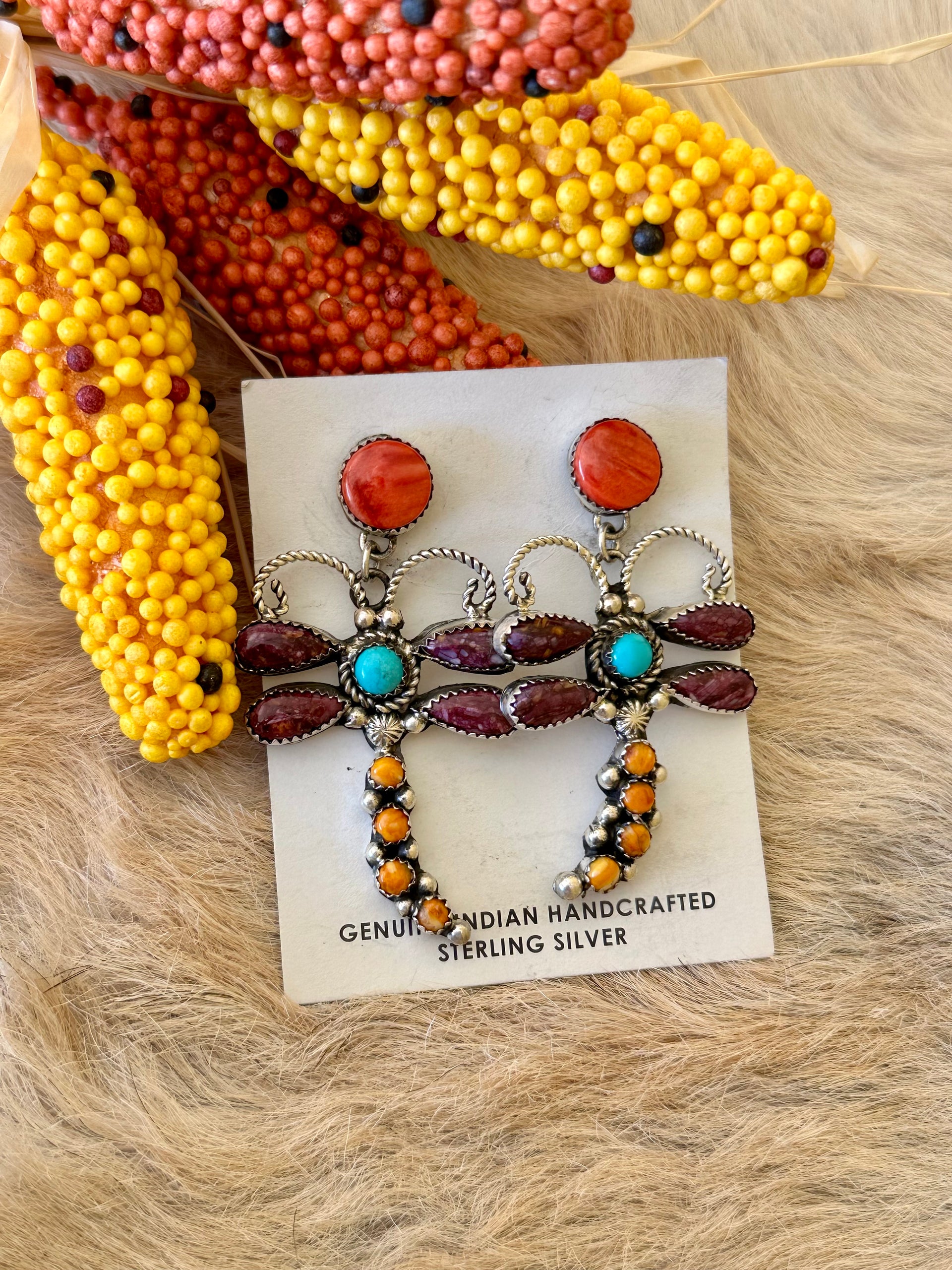 Navajo Made Multi Stone & Sterling Silver Post Dangle Earrings