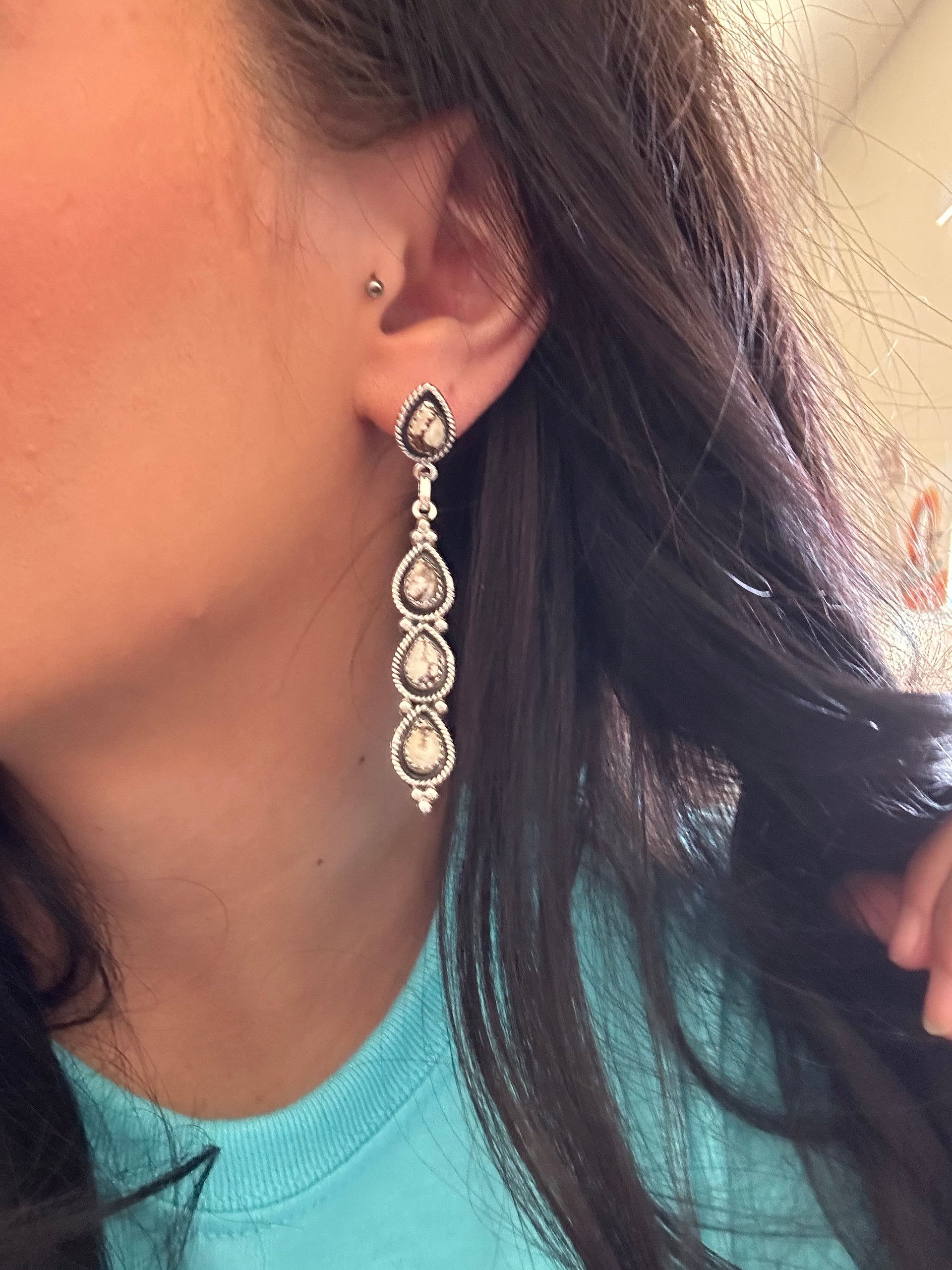 Southwest Handmade Wild Horse & Sterling Silver Post Dangle Earrings