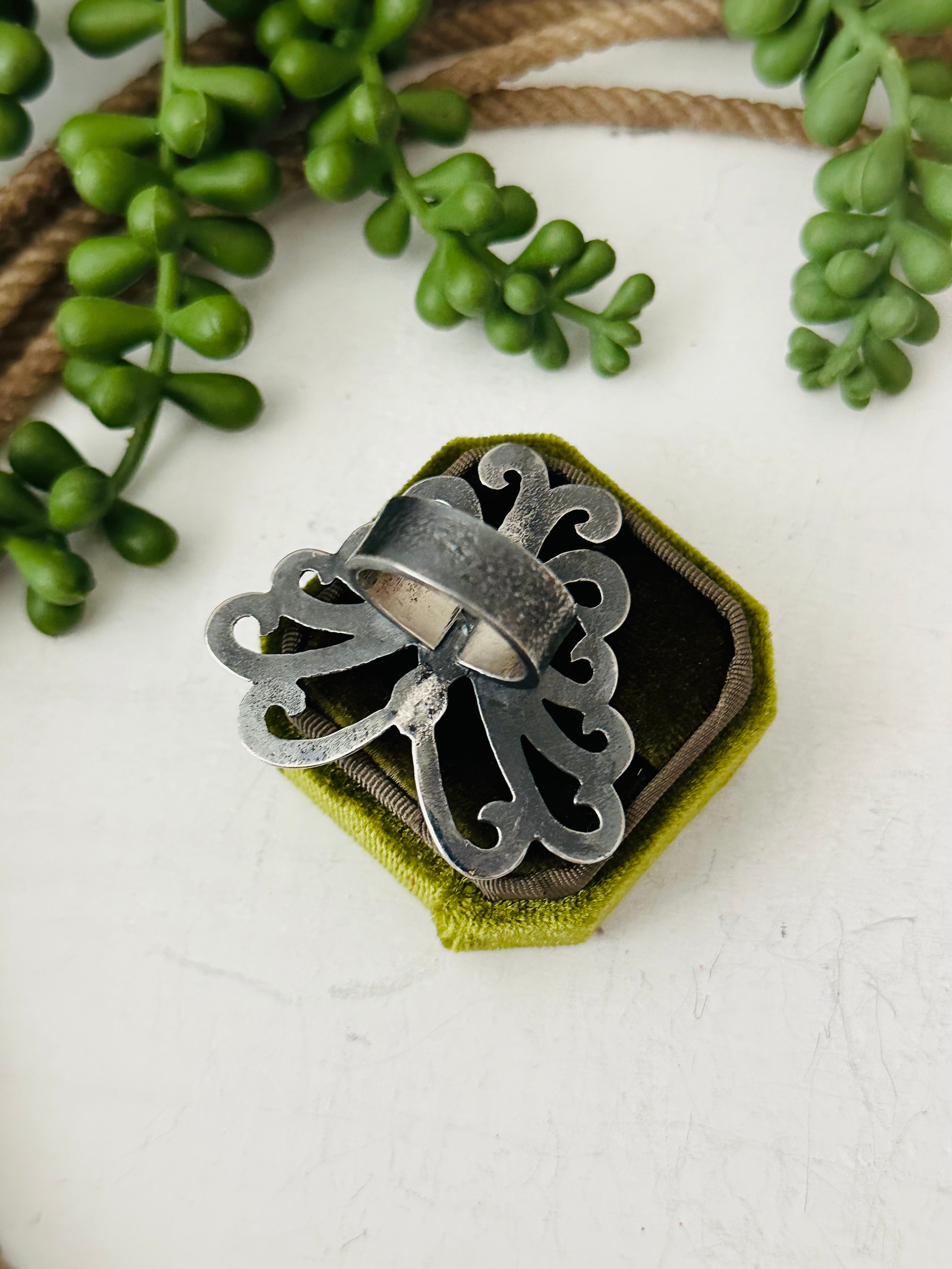 Navajo Made Coral & Sterling Silver Butterfly Ring