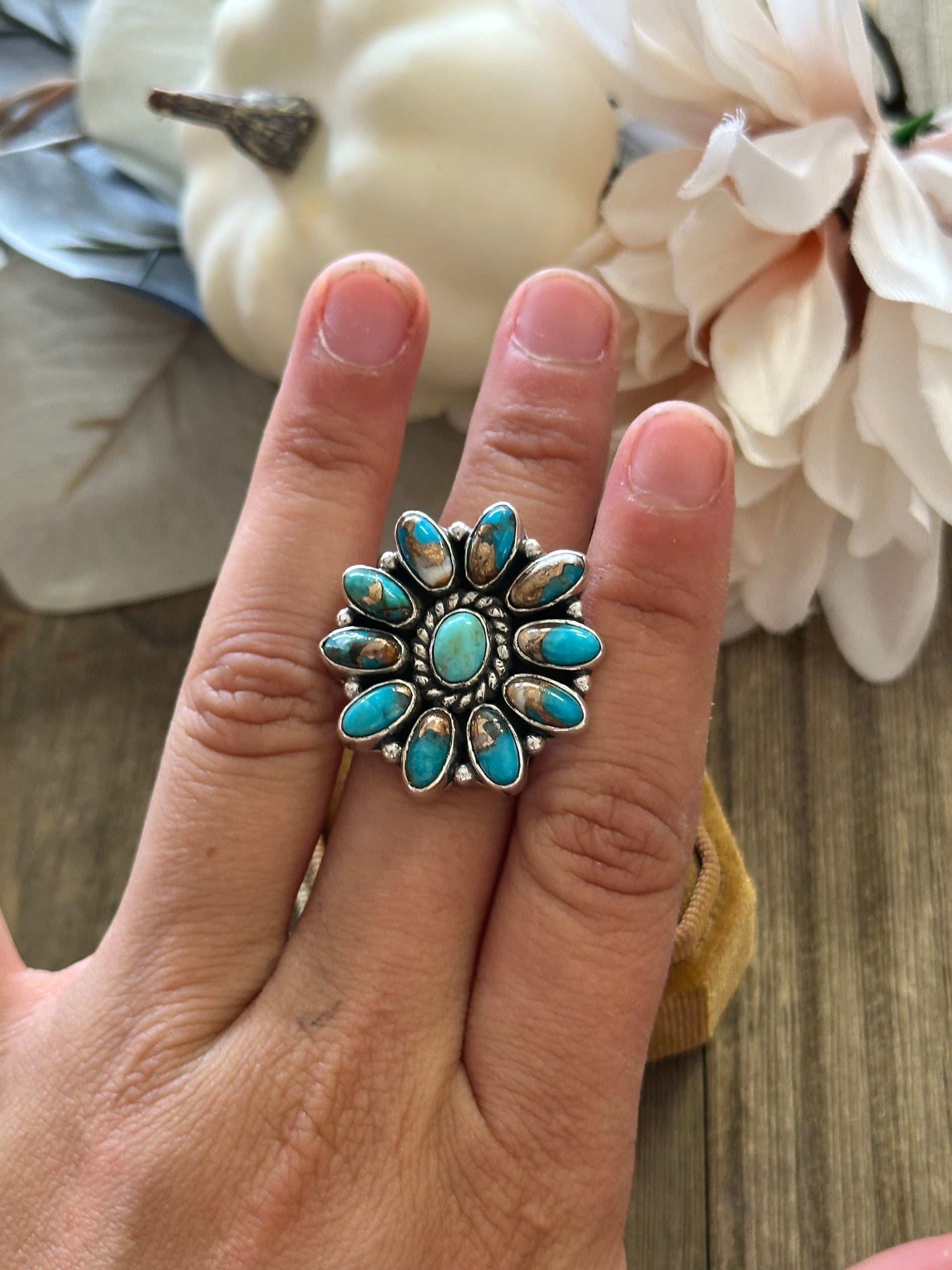 Southwest Handmade Mohave Turquoise & Sterling Silver Adjustable Cluster Ring