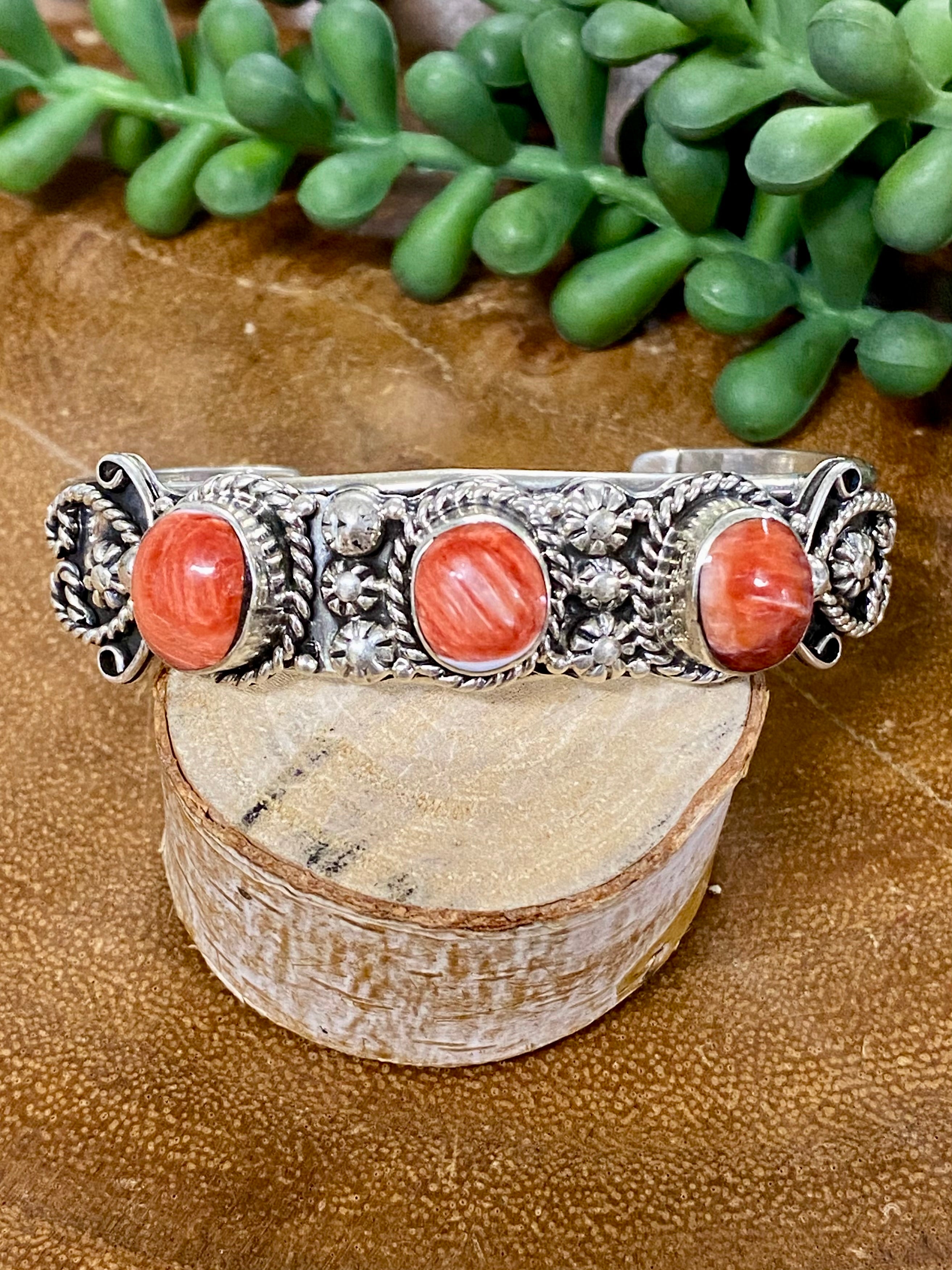 Navajo Made Red Spiny Oyster & Sterling Silver Cuff Bracelet