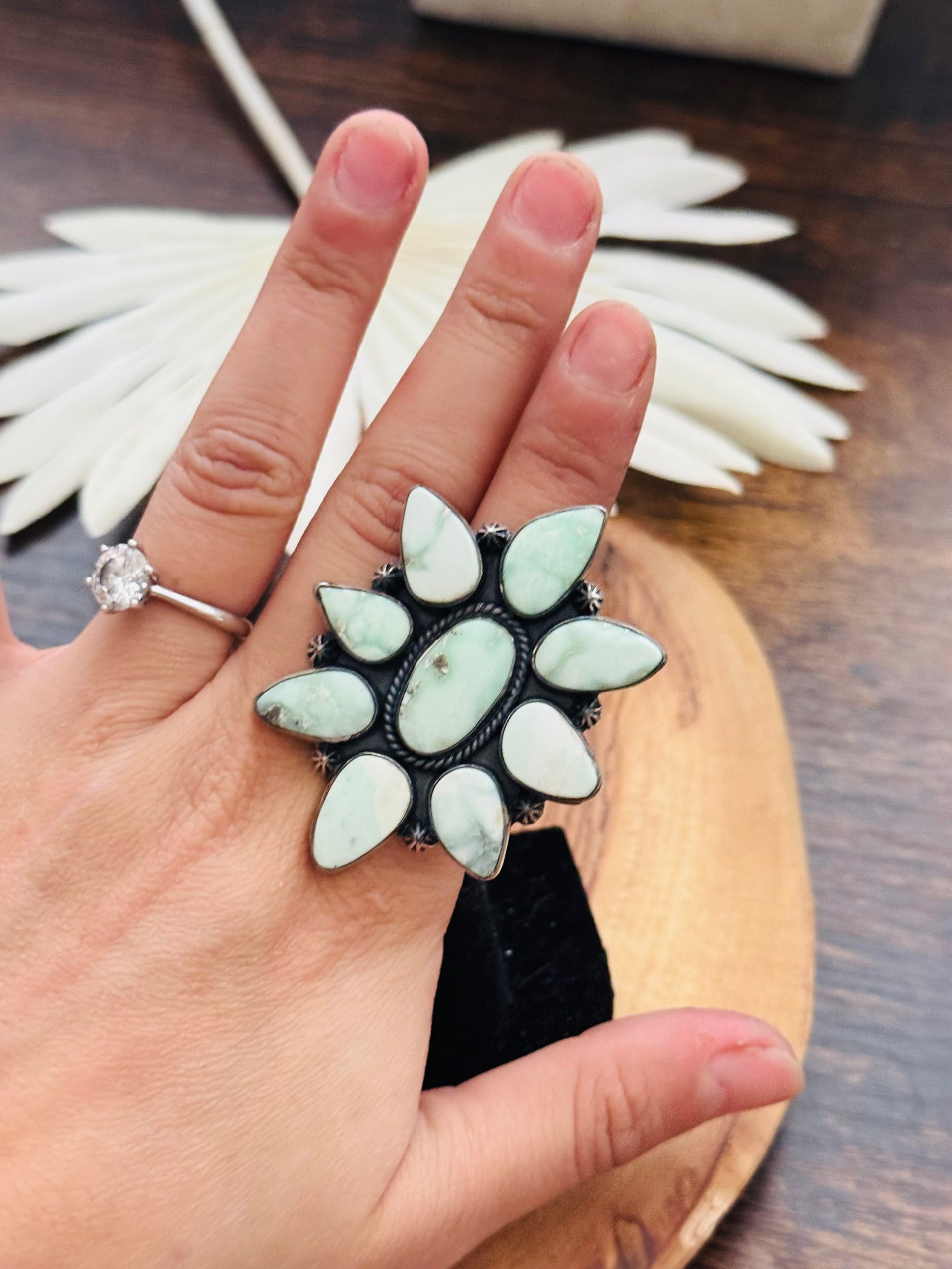 Southwest Handmade Paloma Variscite & Sterling Silver Adjustable Cluster Ring