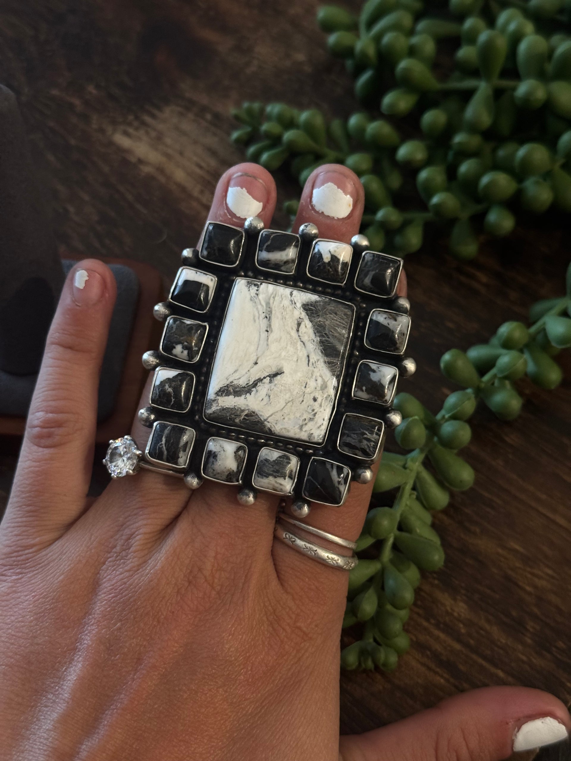 Talia Benally White Buffalo & Sterling Silver Cluster Ring Size 7.5