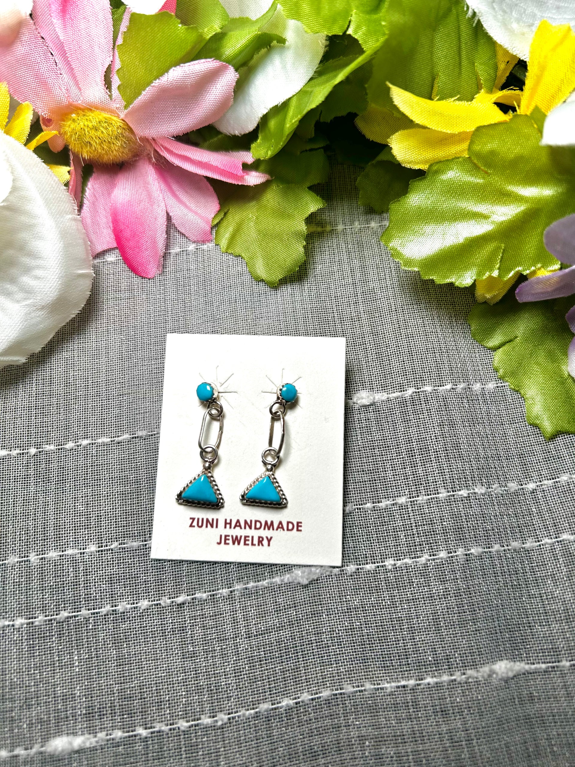 Zuni Made Kingman Turquoise & Sterling Silver Post Dangle Earrings