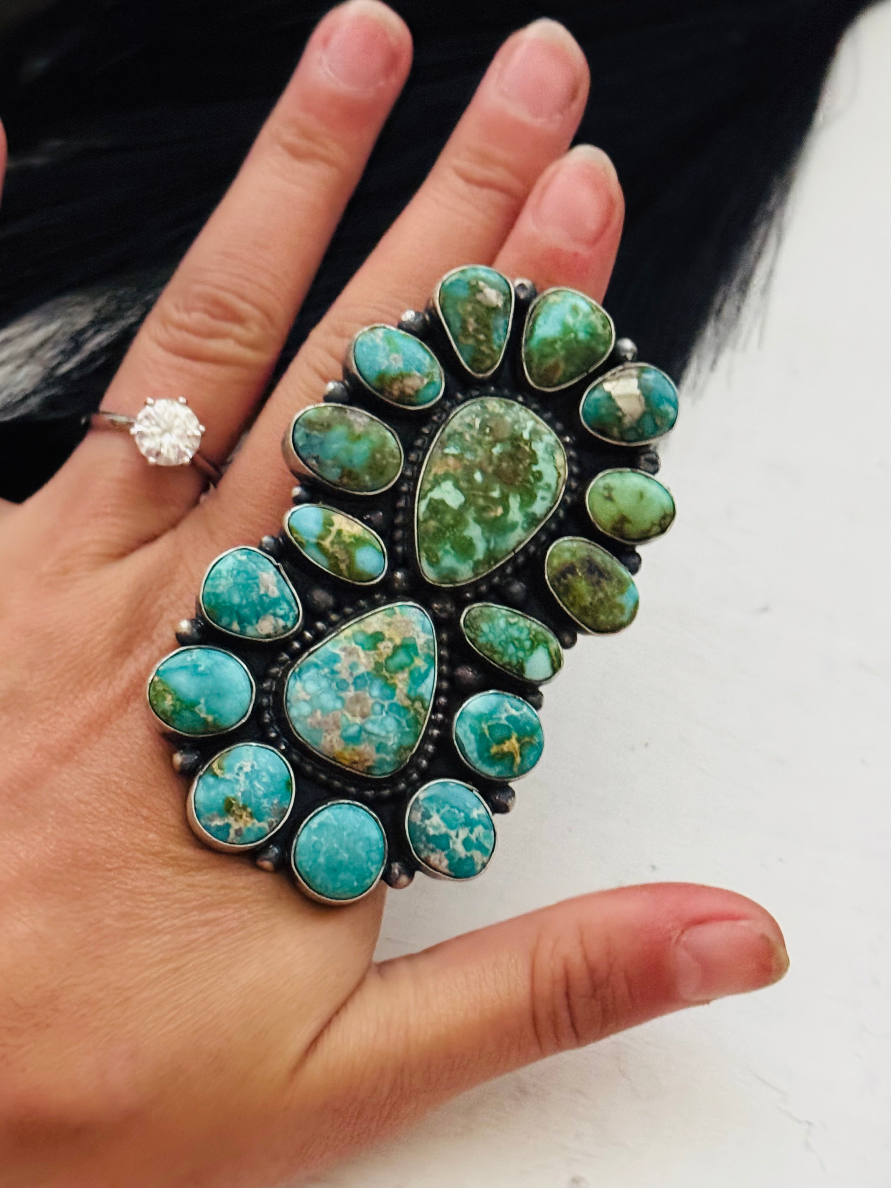 Navajo Handmade Sonoran Mountain Turquoise & Sterling Silver Cluster Ring Size 8