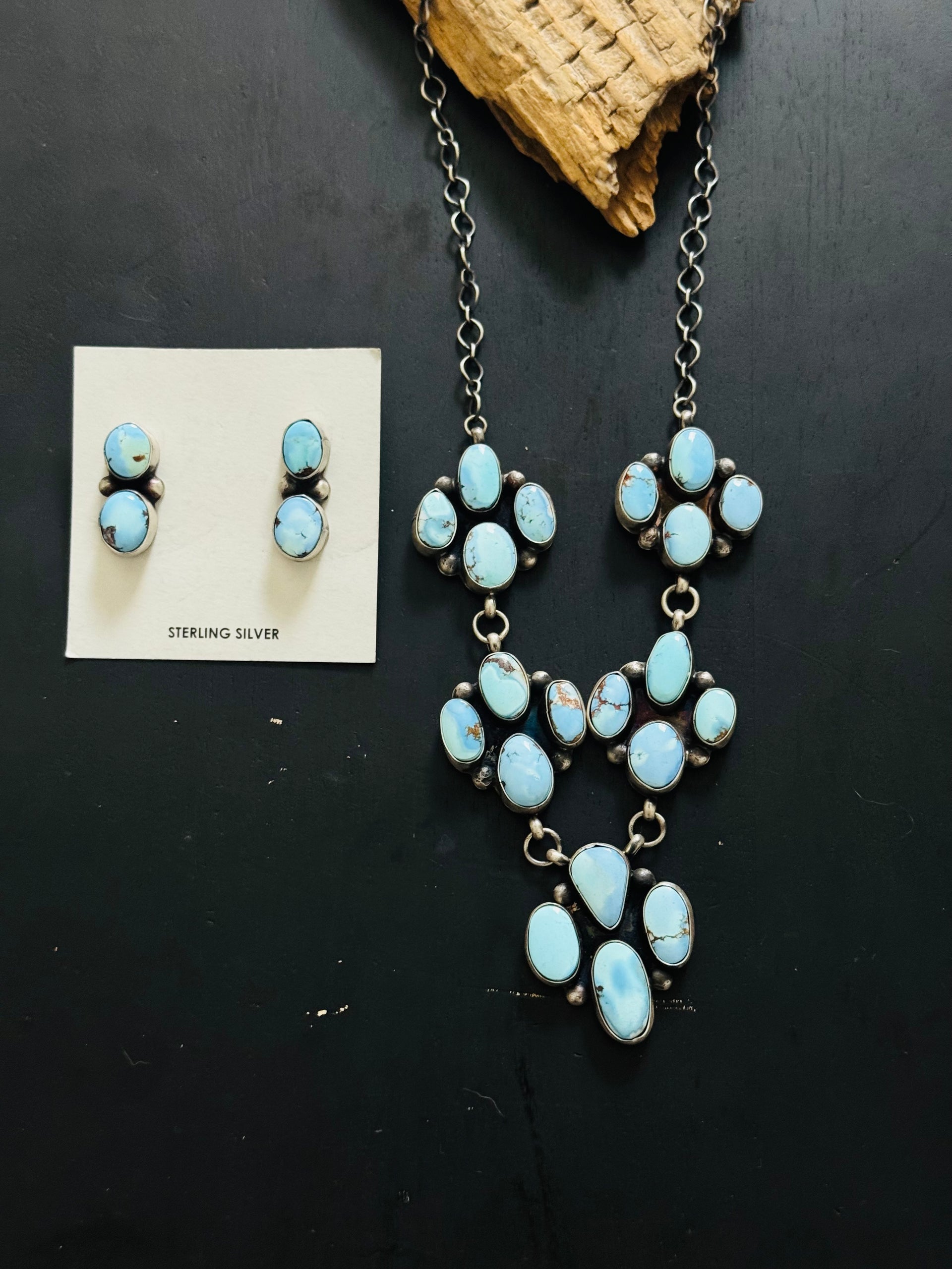 Navajo Made Golden Hills Turquoise & Sterling Silver Cluster Necklace Set