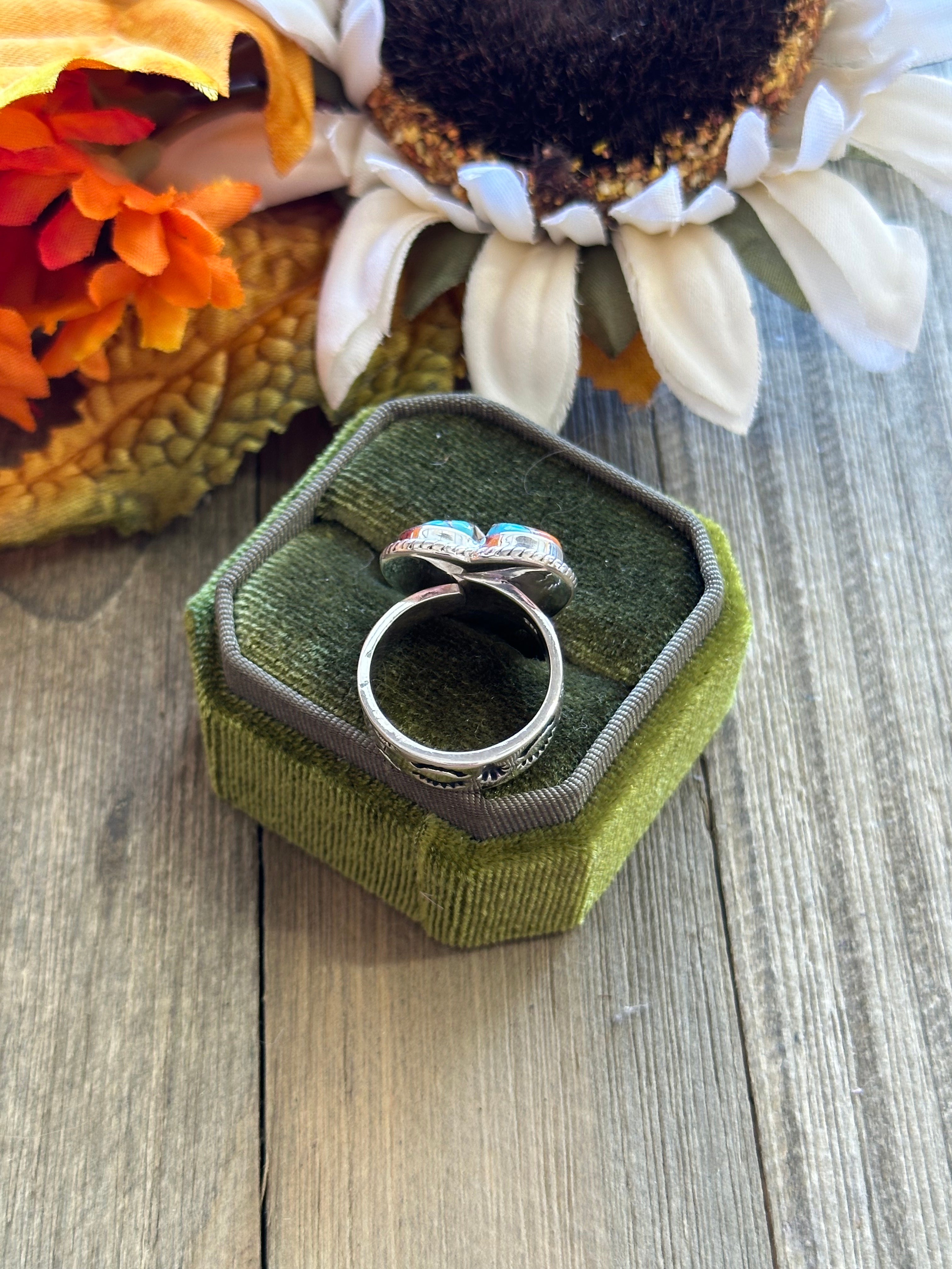 Southwest Handmade Mohave Turquoise & Sterling Silver Adjustable Heart Ring