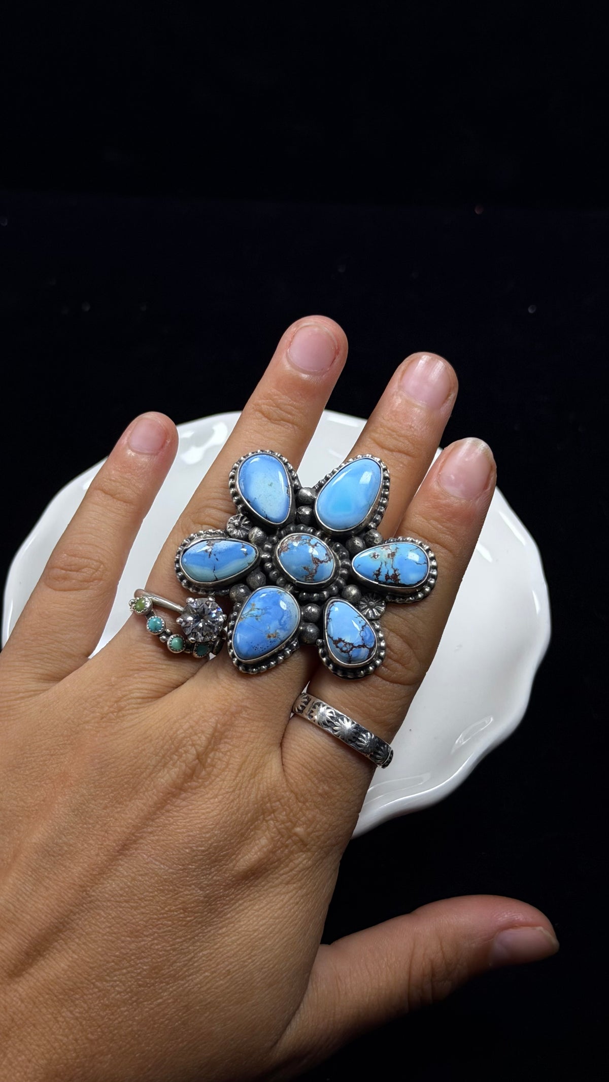 Sheila Becenti Golden Hills Turquoise Sterling Silver Cluster Ring Size 10