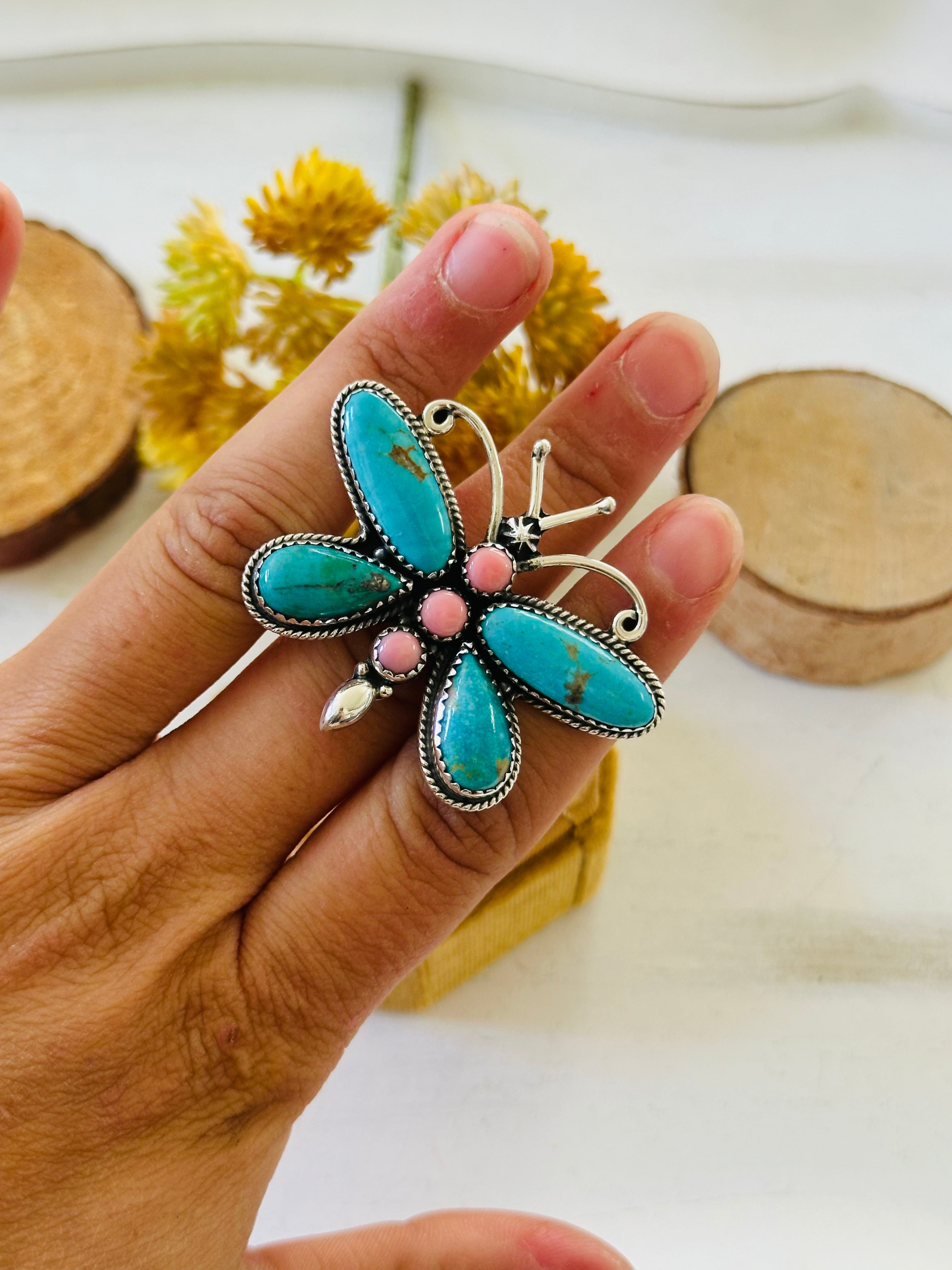 Navajo Made Multi Stone & Sterling Silver Butterfly Ring Adjustable