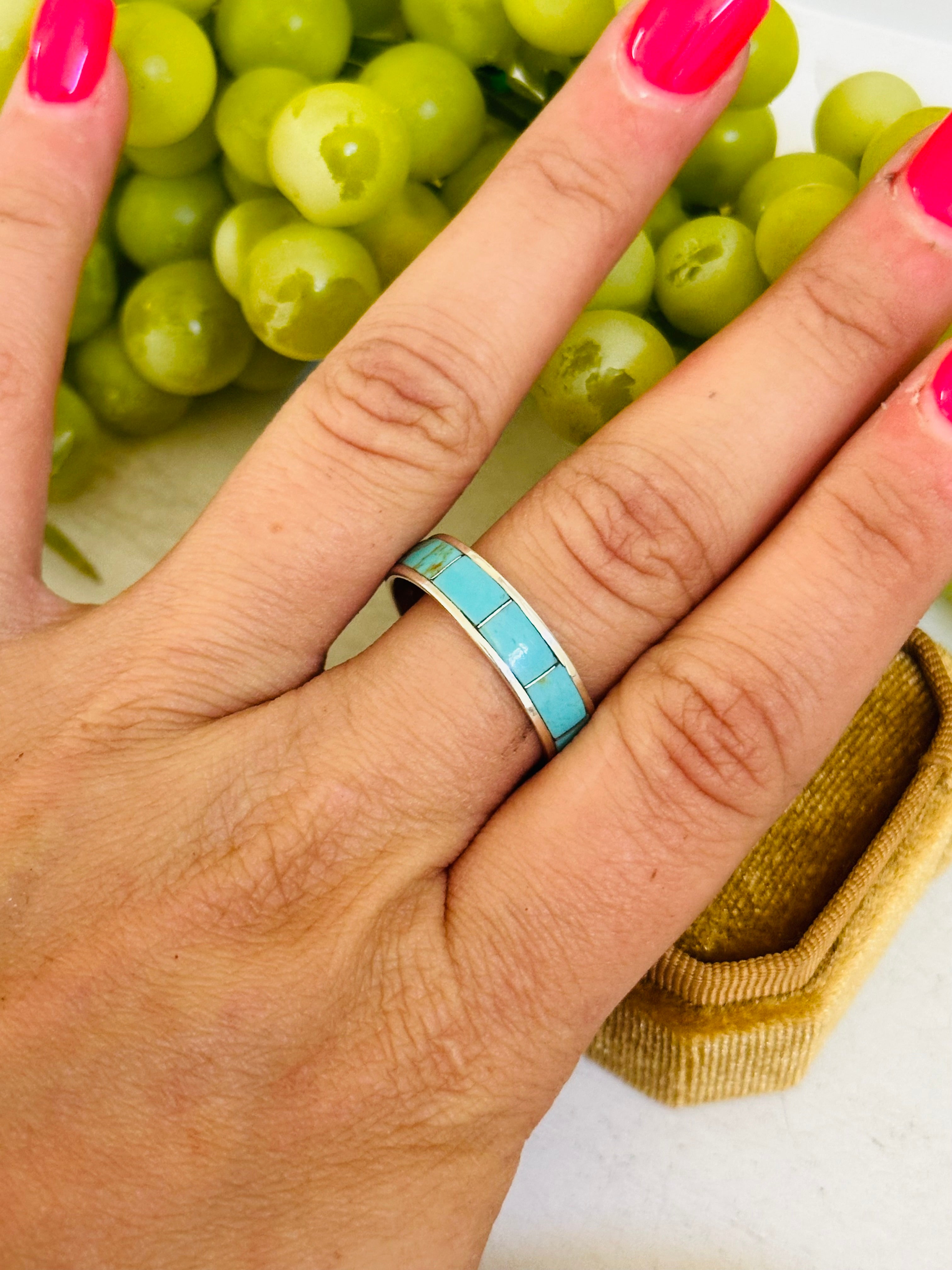 Navajo Made Kingman Turquoise & Sterling Silver Inlay Ring