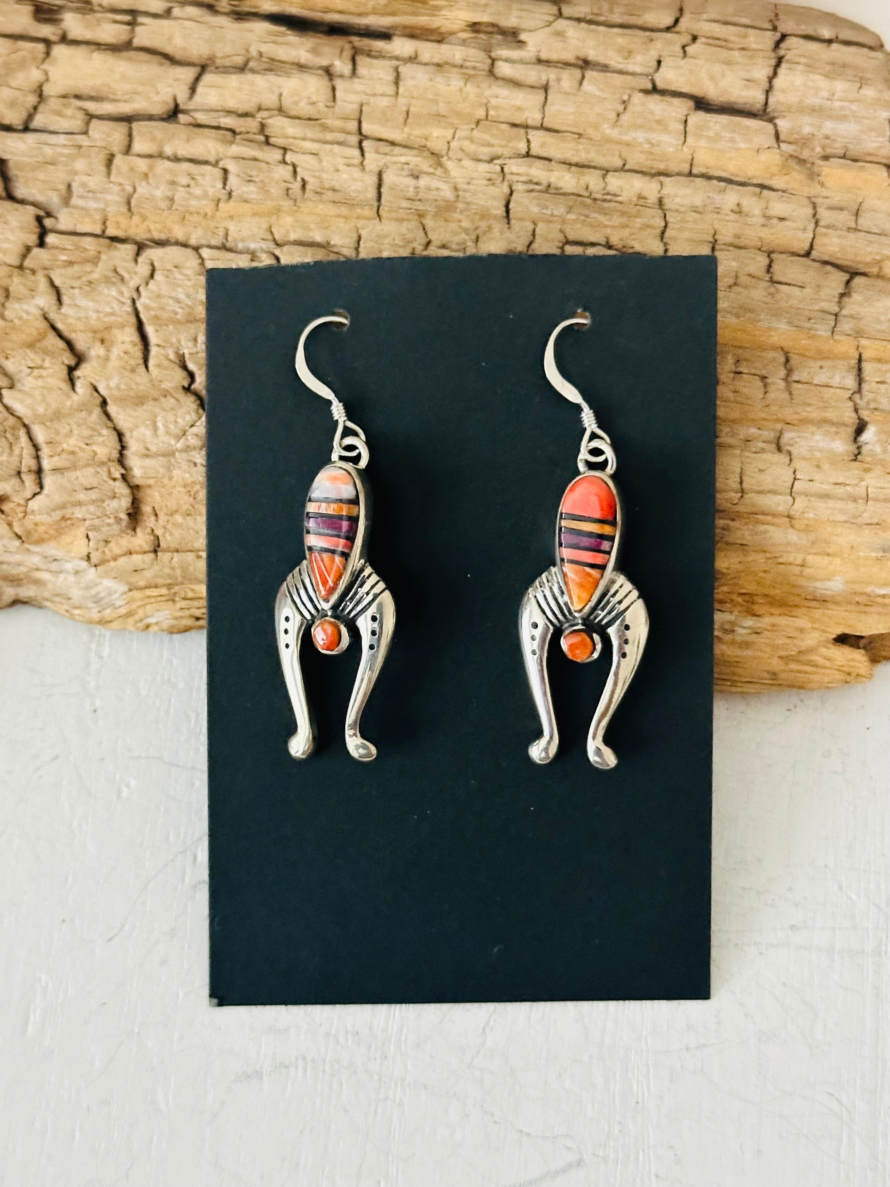 Navajo Made Multi Stone & Sterling Silver Inlay Dangle Earrings