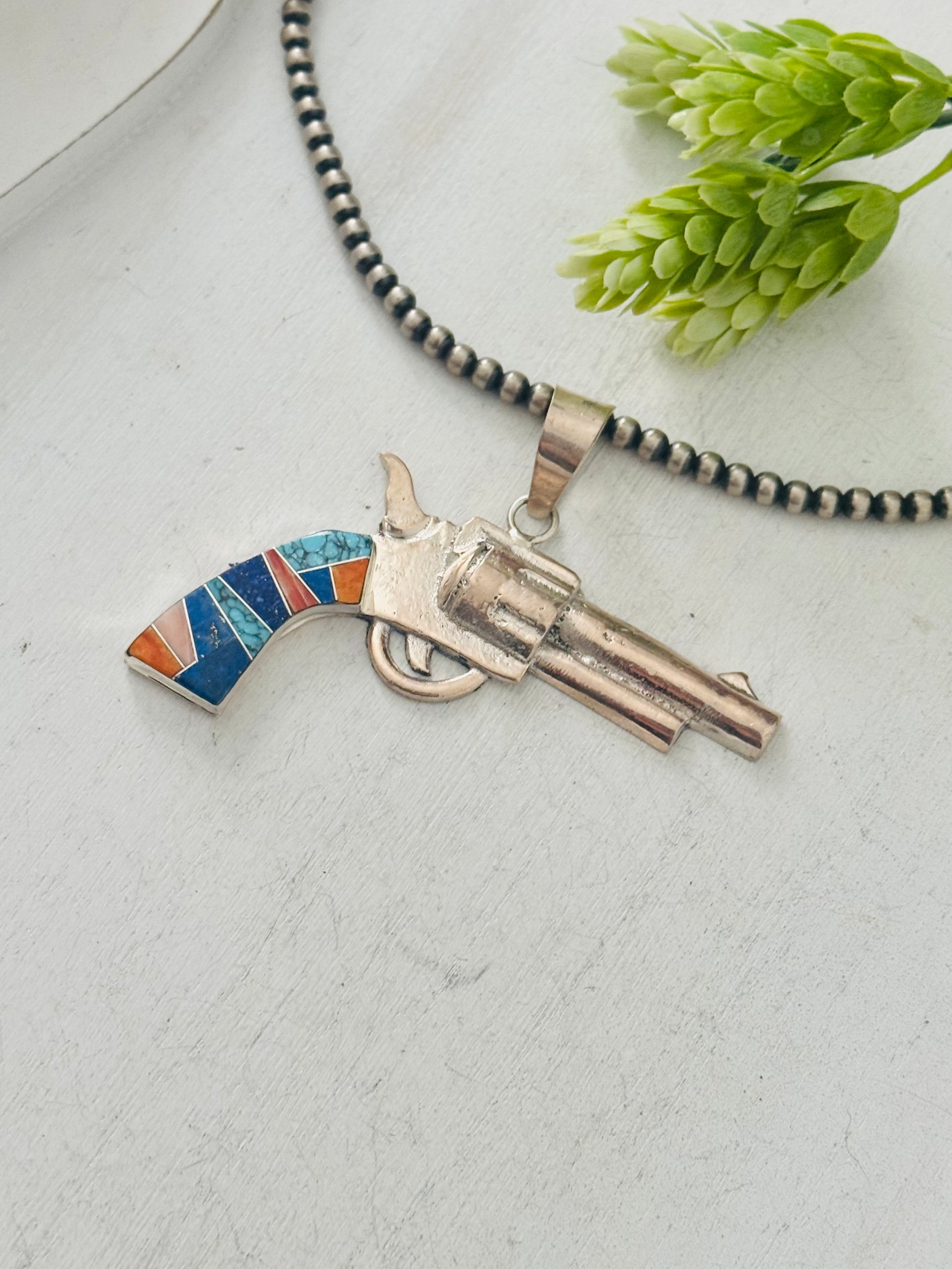 Bobby Mannelito Multi Stone & Sterling Silver Pistol Pendant