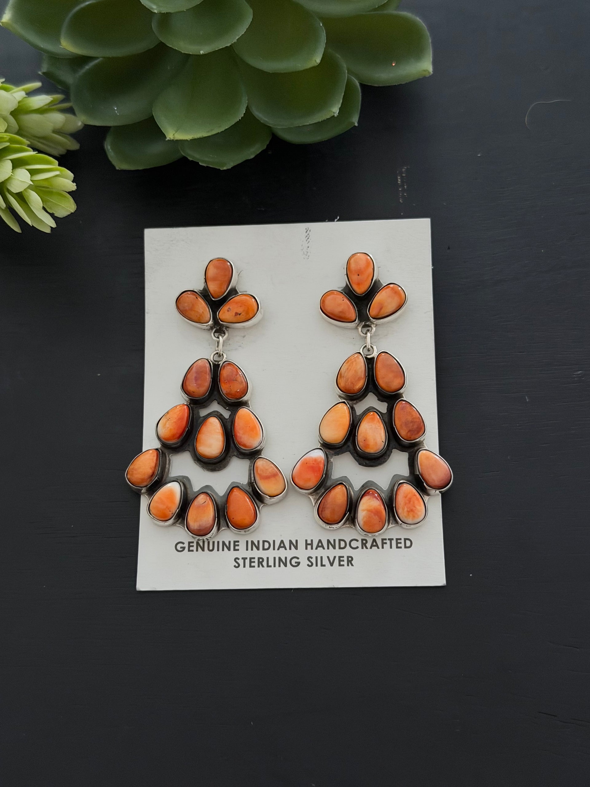 Navajo Made Spiny Oyster & Sterling Silver Post Dangle Cluster Earrings