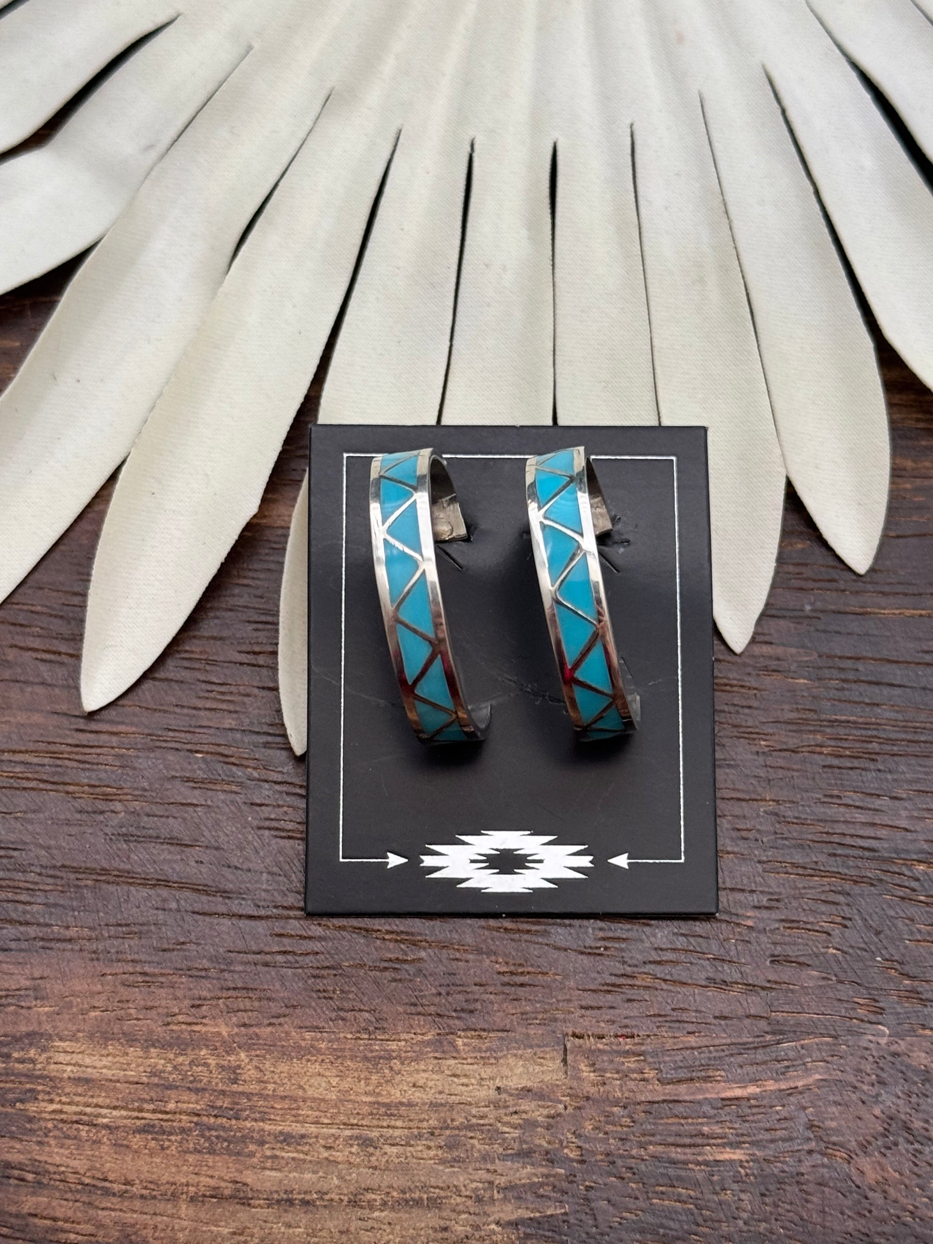 Navajo Made Kingman Turquoise & Sterling Silver Inlay Hoop Earrings