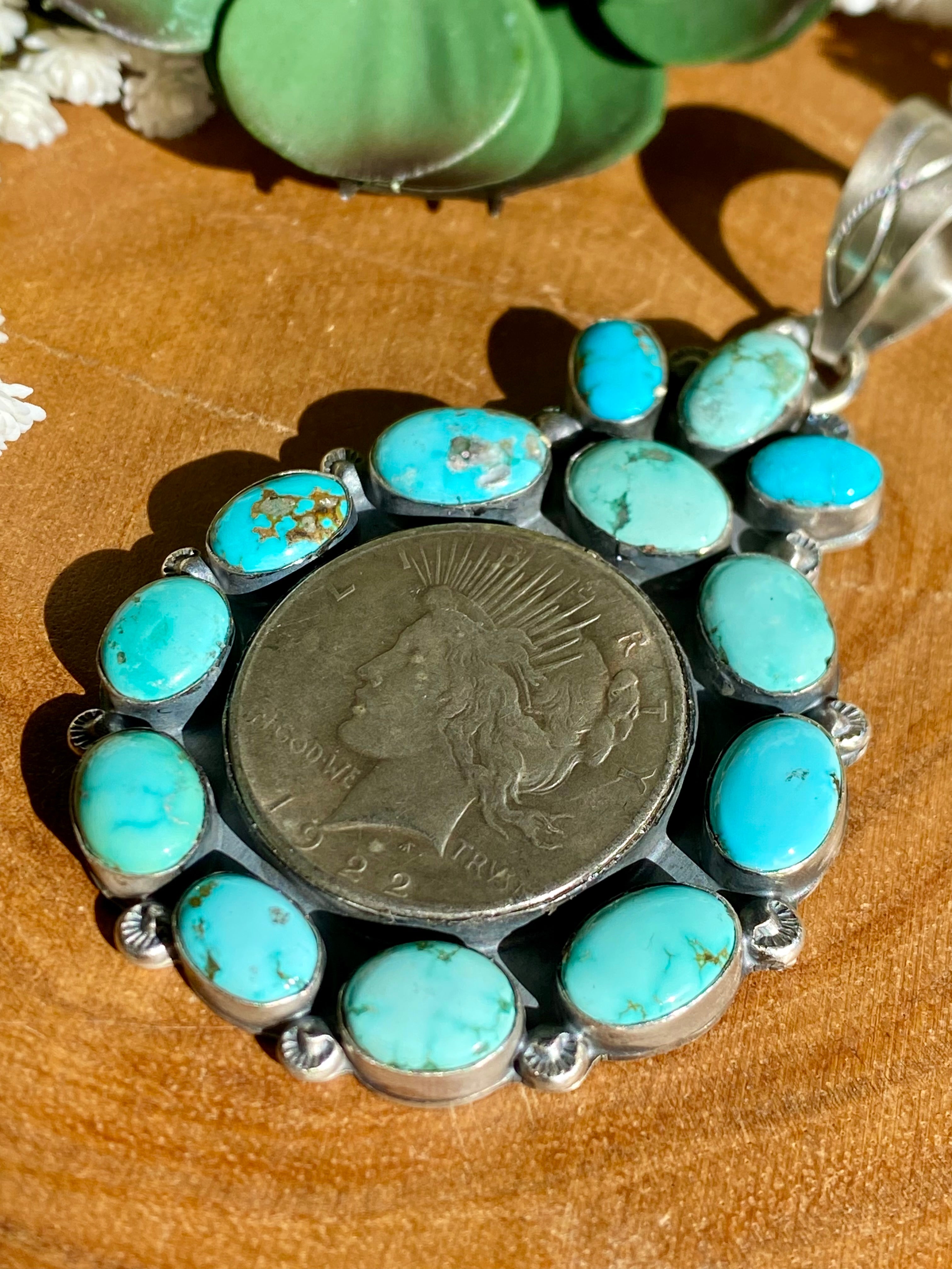 Navajo Made Kingman Turquoise & Sterling Silver 1922 Silver Dollar PENDANT ONLY