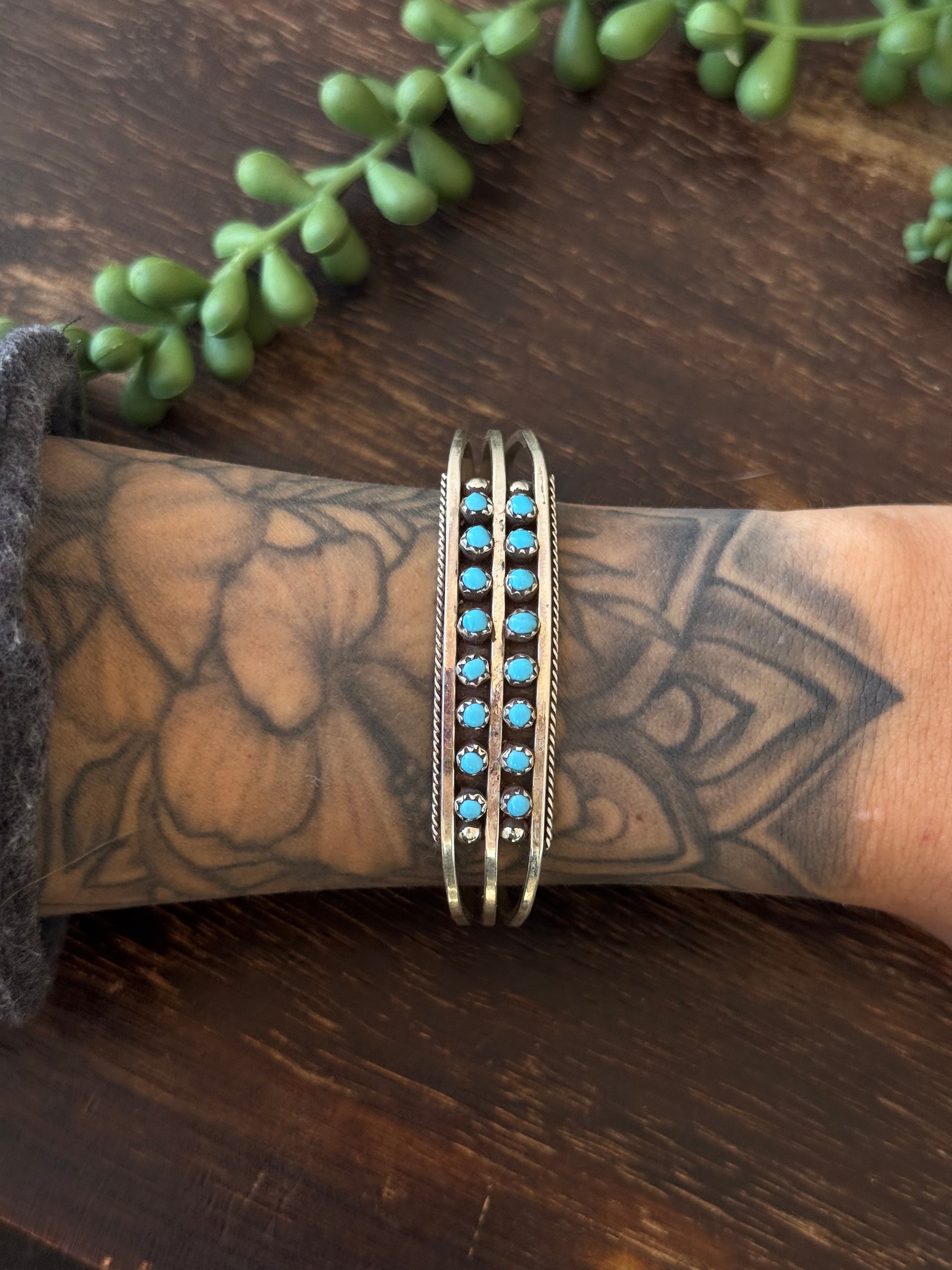 Zuni Made Kingman Turquoise & Sterling Silver Petite Cluster Cuff Bracelet