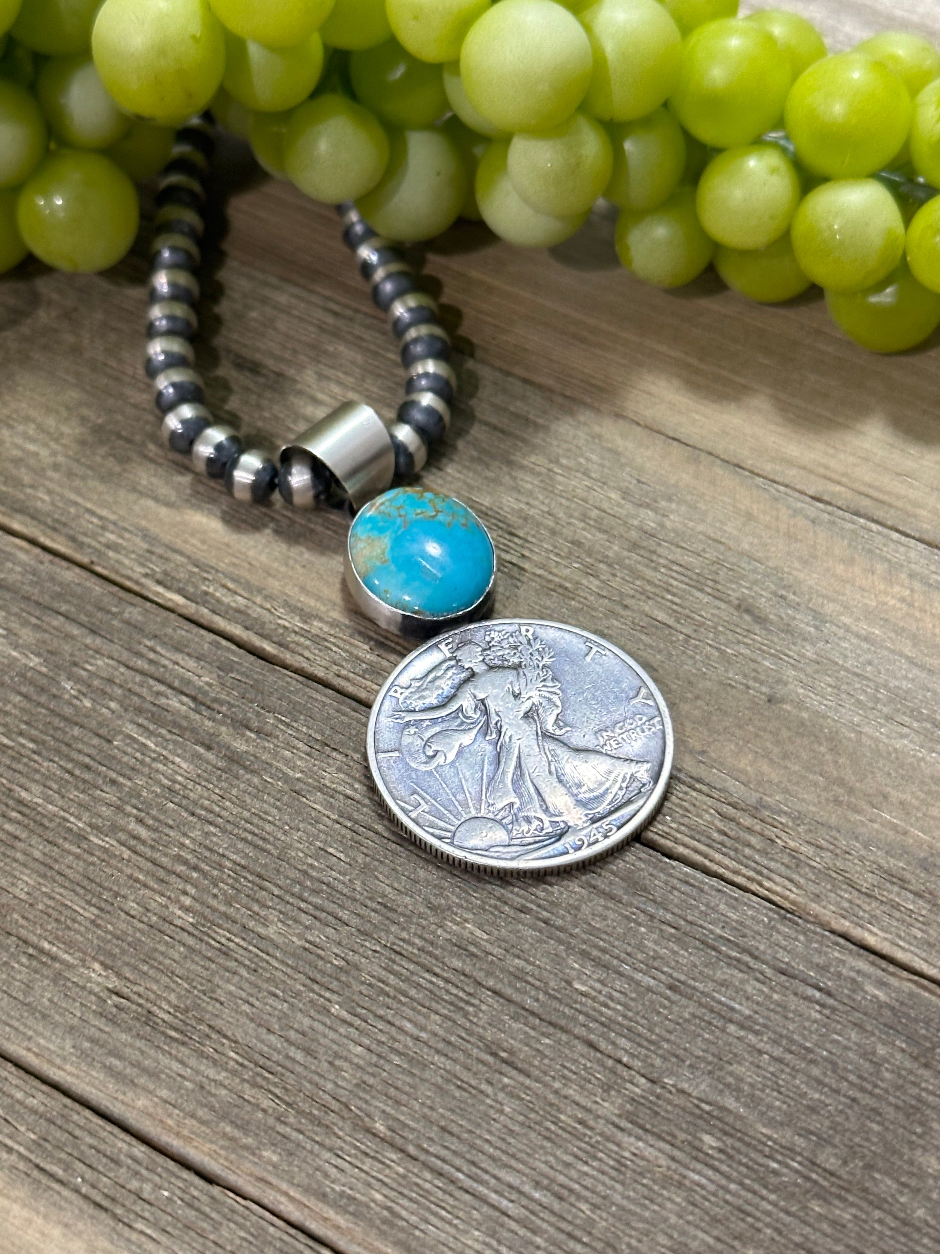 Navajo Made Kingman Turquoise & Sterling Silver Dollar Pendant