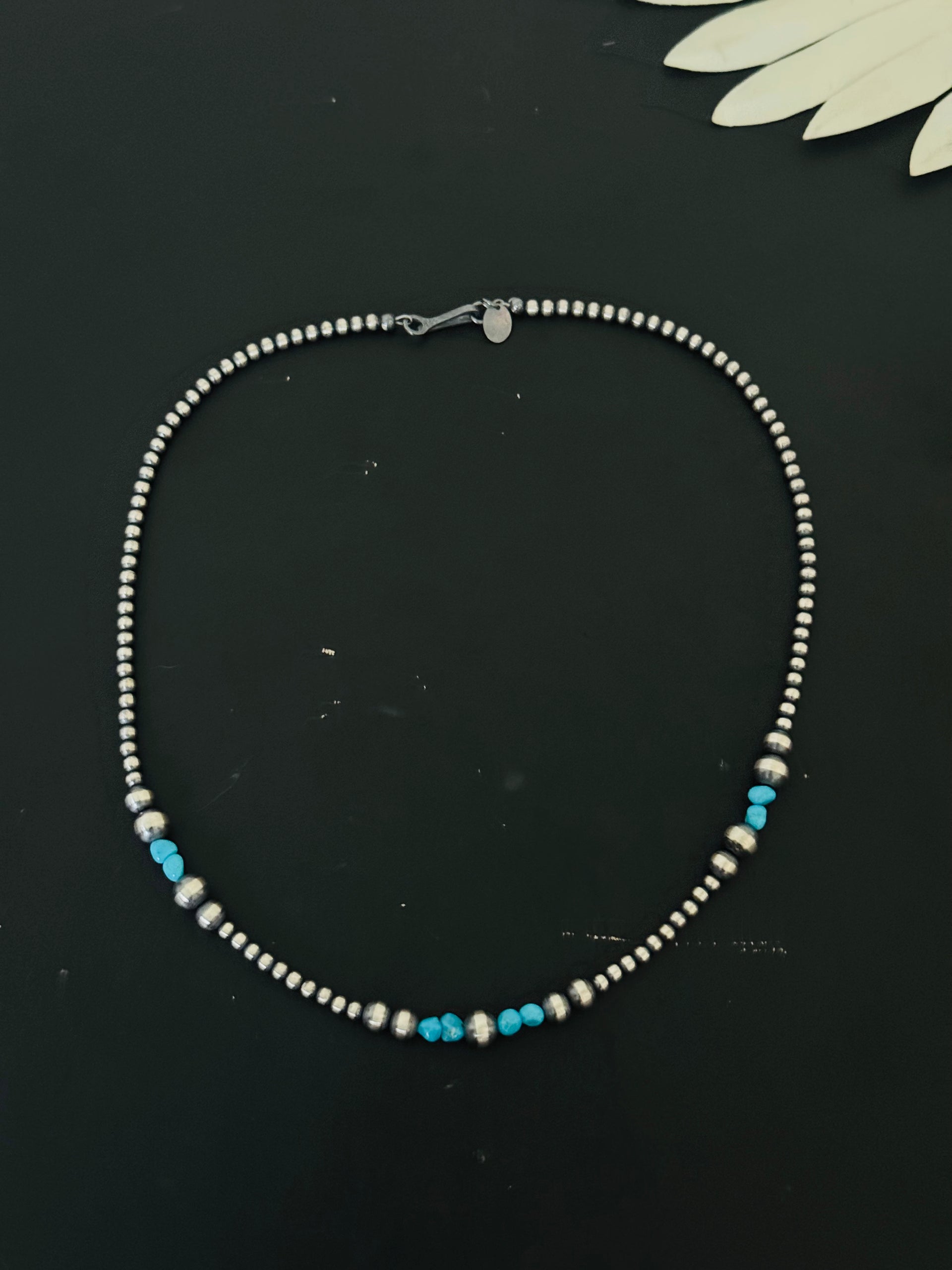 Navajo Strung Kingman Turquoise & Sterling Silver Graduated Beaded Pearl Necklace