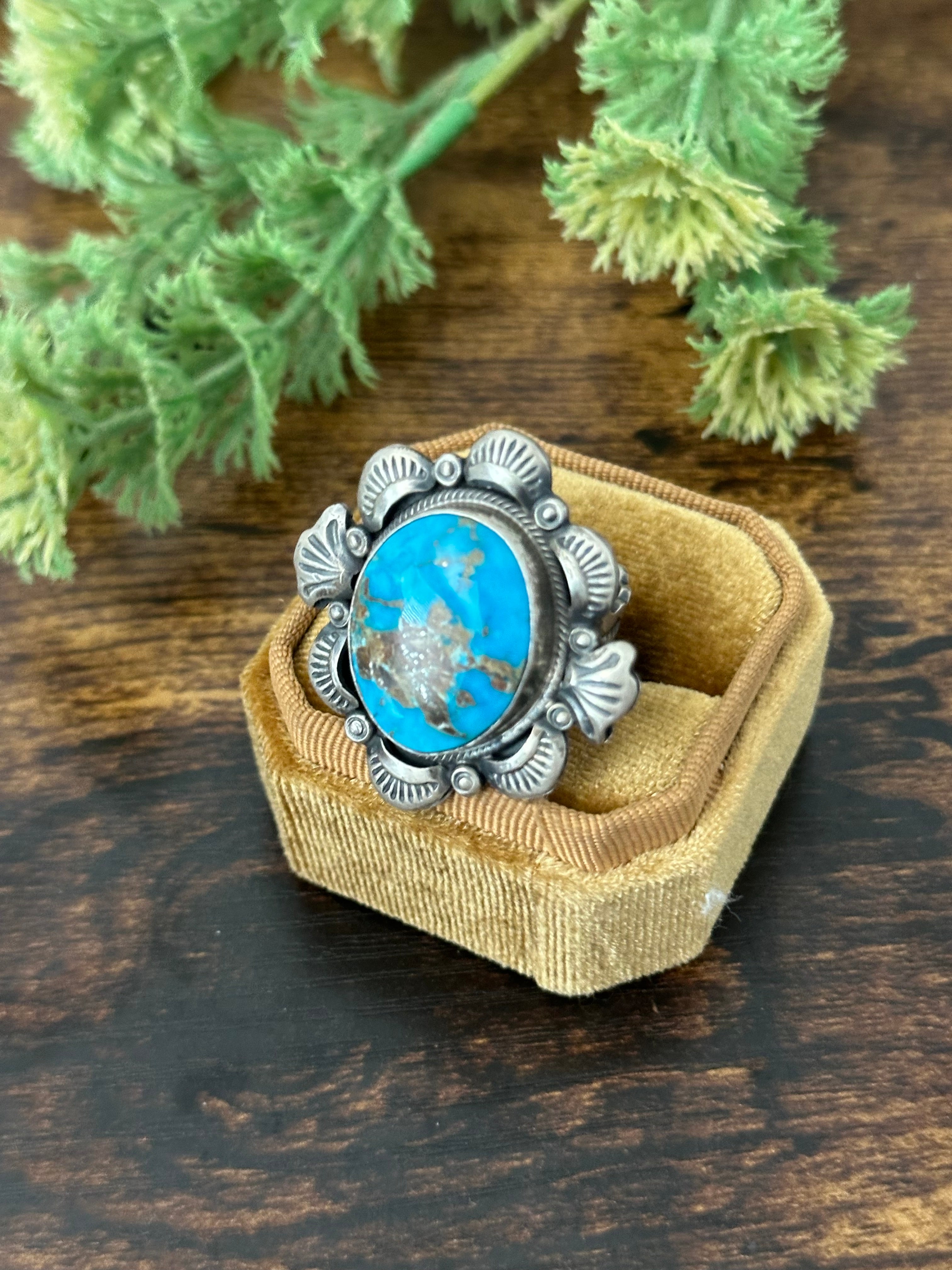 Gilbert Tom Blue Ridge Turquoise & Sterling Silver Ring Size 8.5