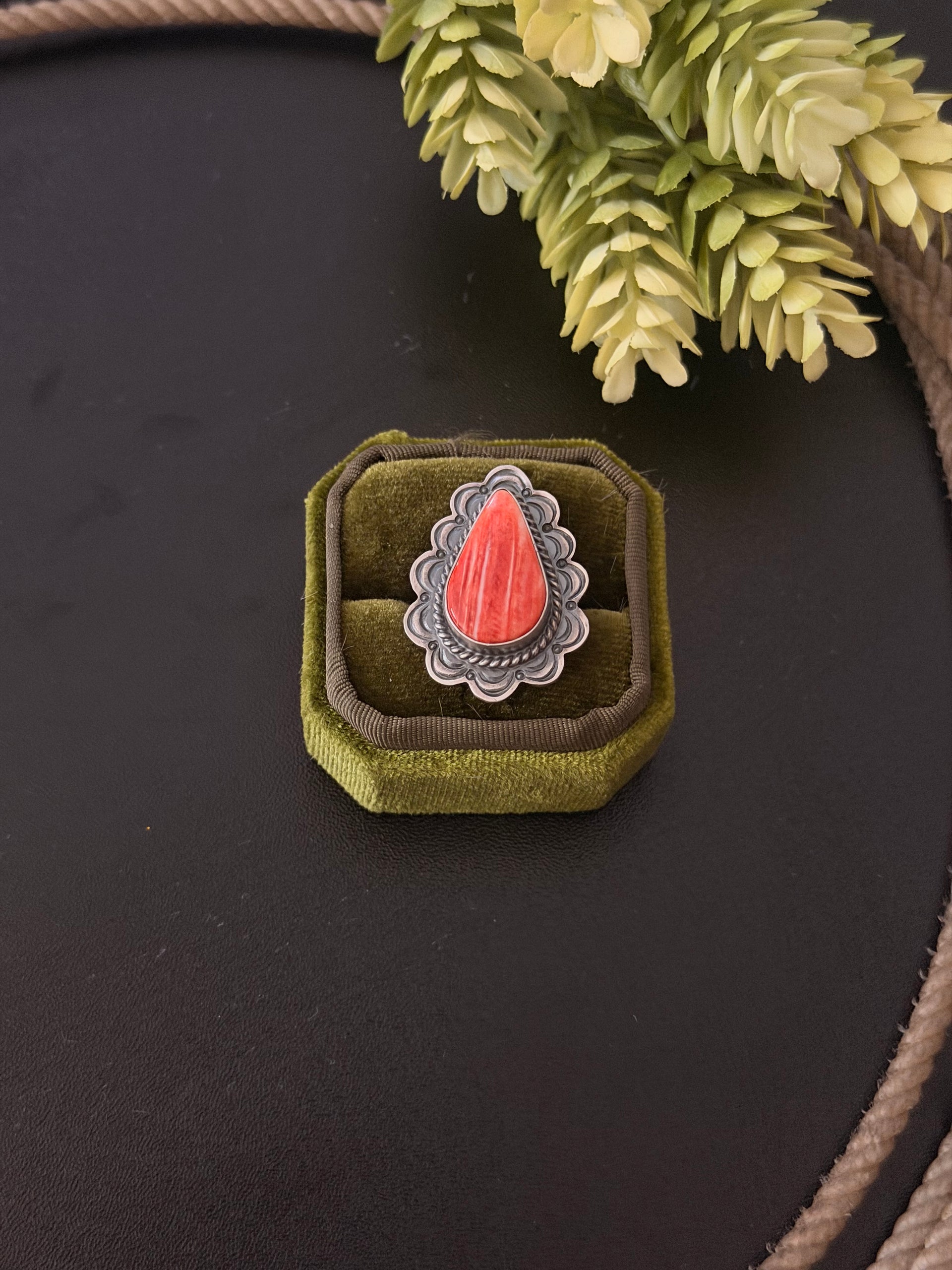 Dave Skeets Red Spiny Oyster & Sterling Silver Ring Size 7
