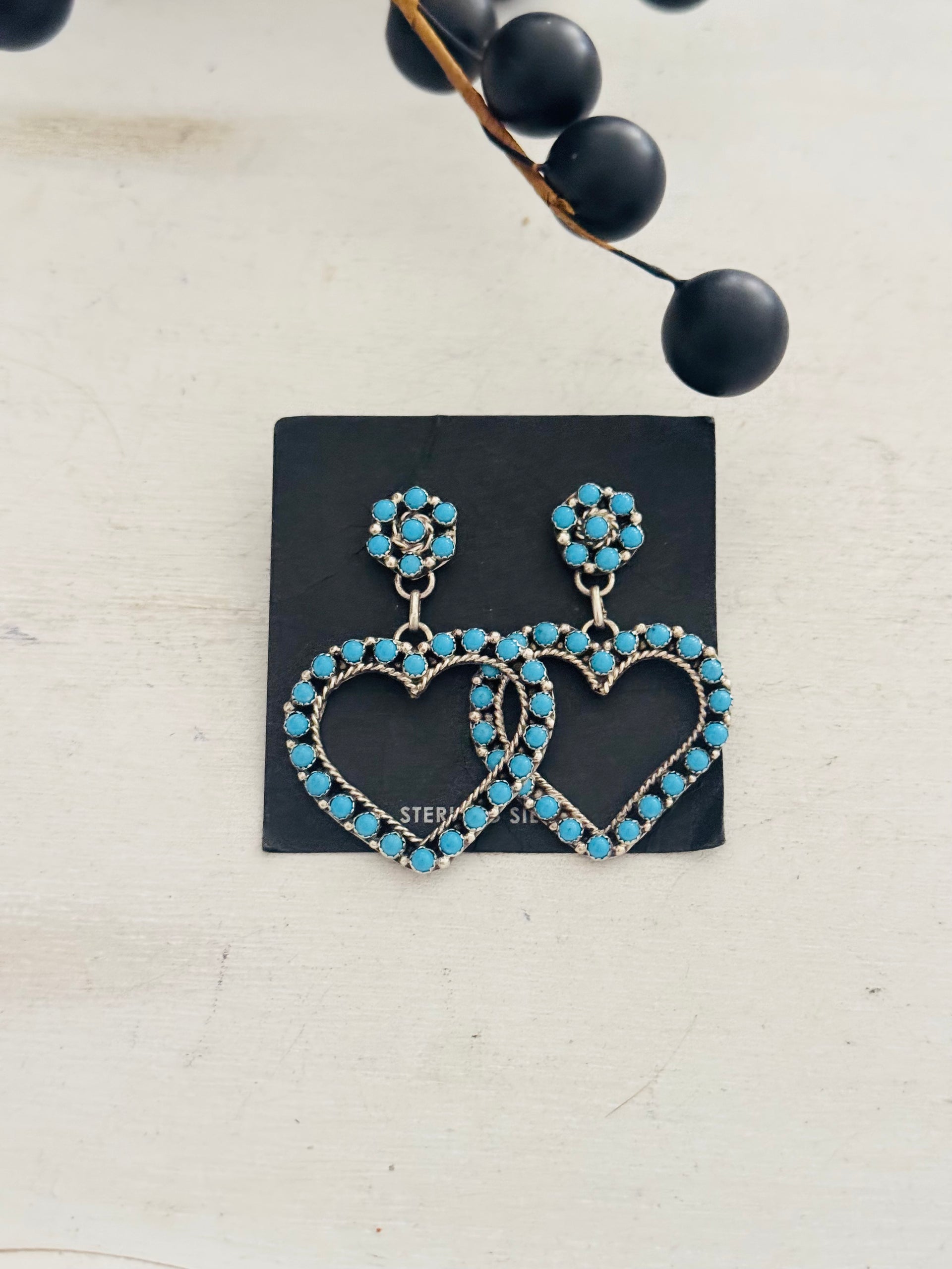 Navajo Made Kingman Turquoise & Sterling Silver Post Dangle Cluster Earrings