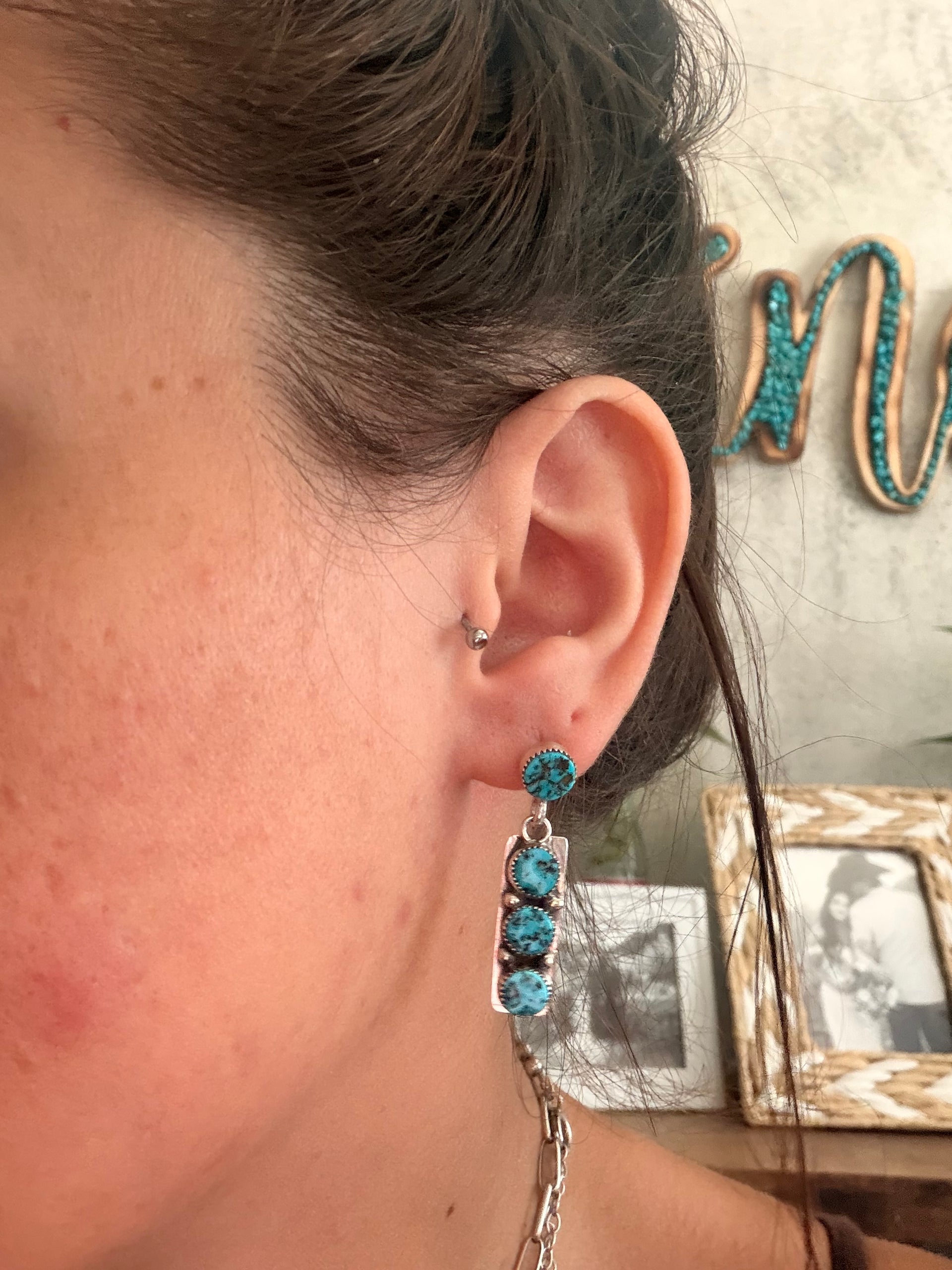 Julia Etsitty Kingman Turquoise & Sterling Silver Post Dangle Cluster Earrings