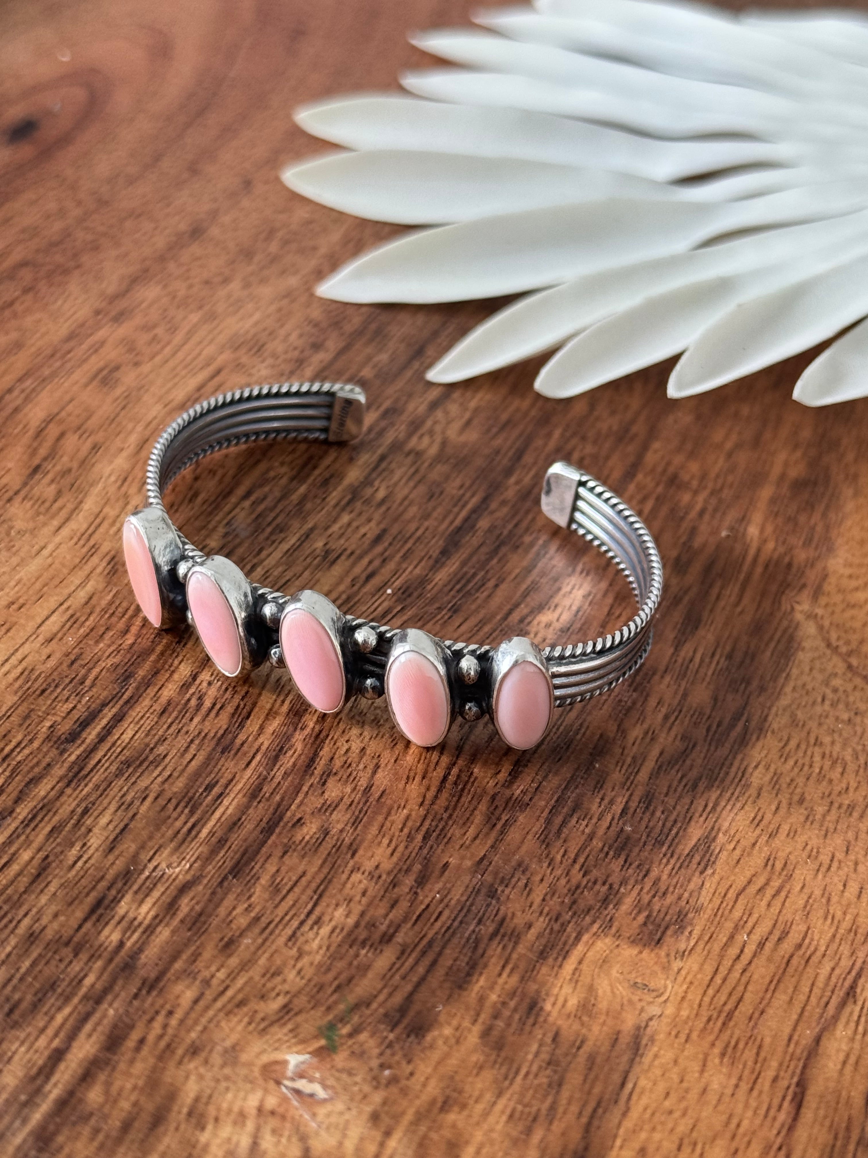 Navajo Made Pink Conch & Sterling Silver Cuff Bracelet