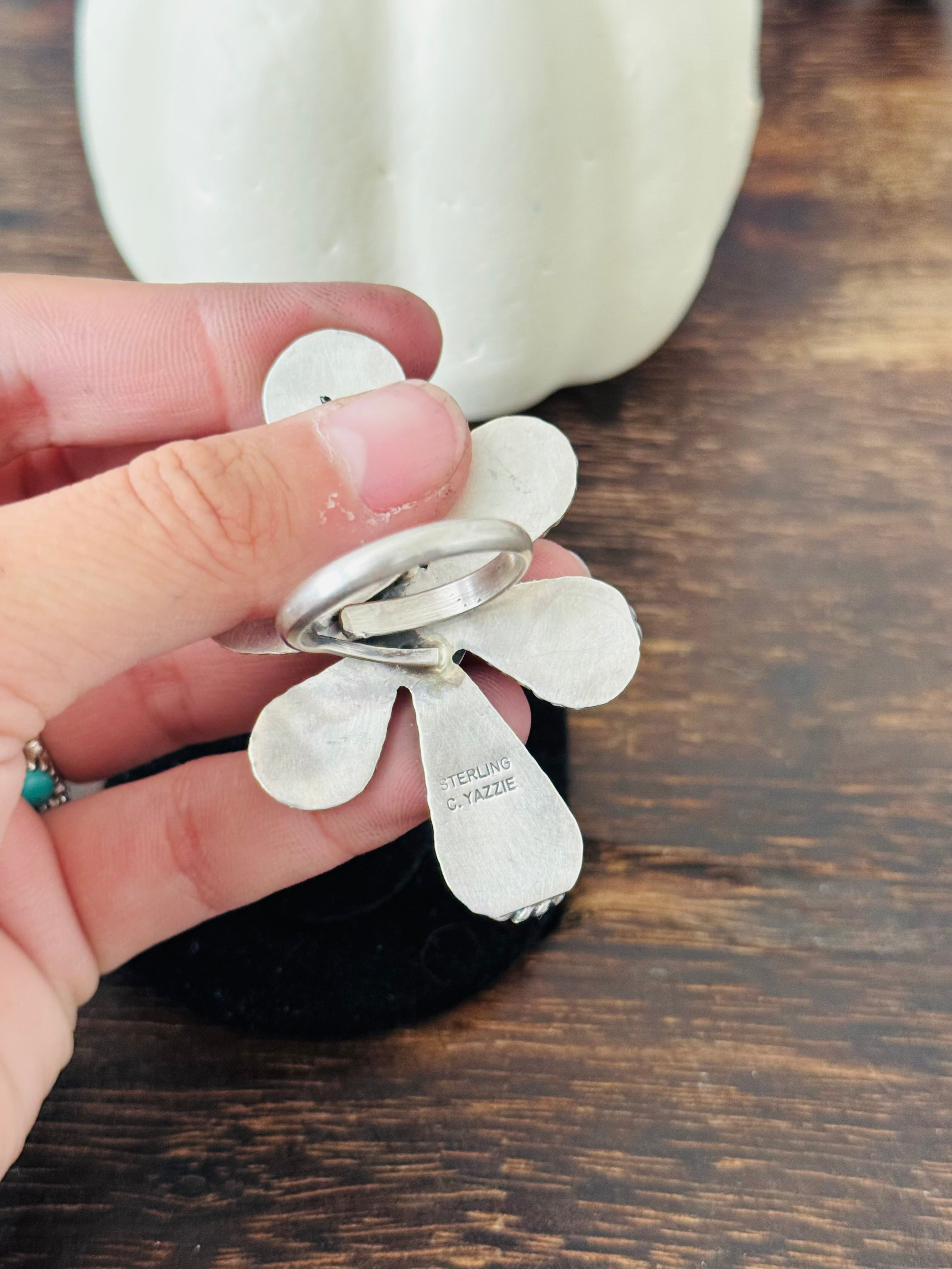 Navajo Made White Buffalo & Sterling Silver Adjustable Ring