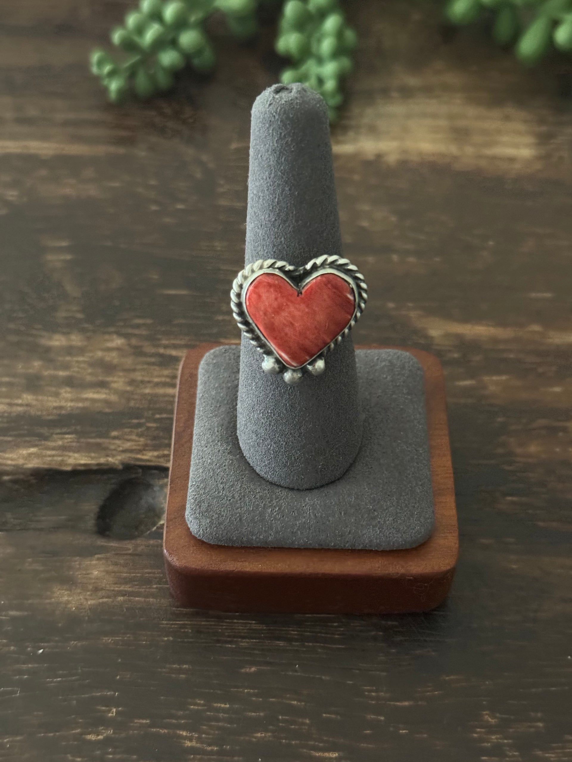 Navajo Made Red Spiny Oyster & Sterling Silver Adjustable Heart Ring