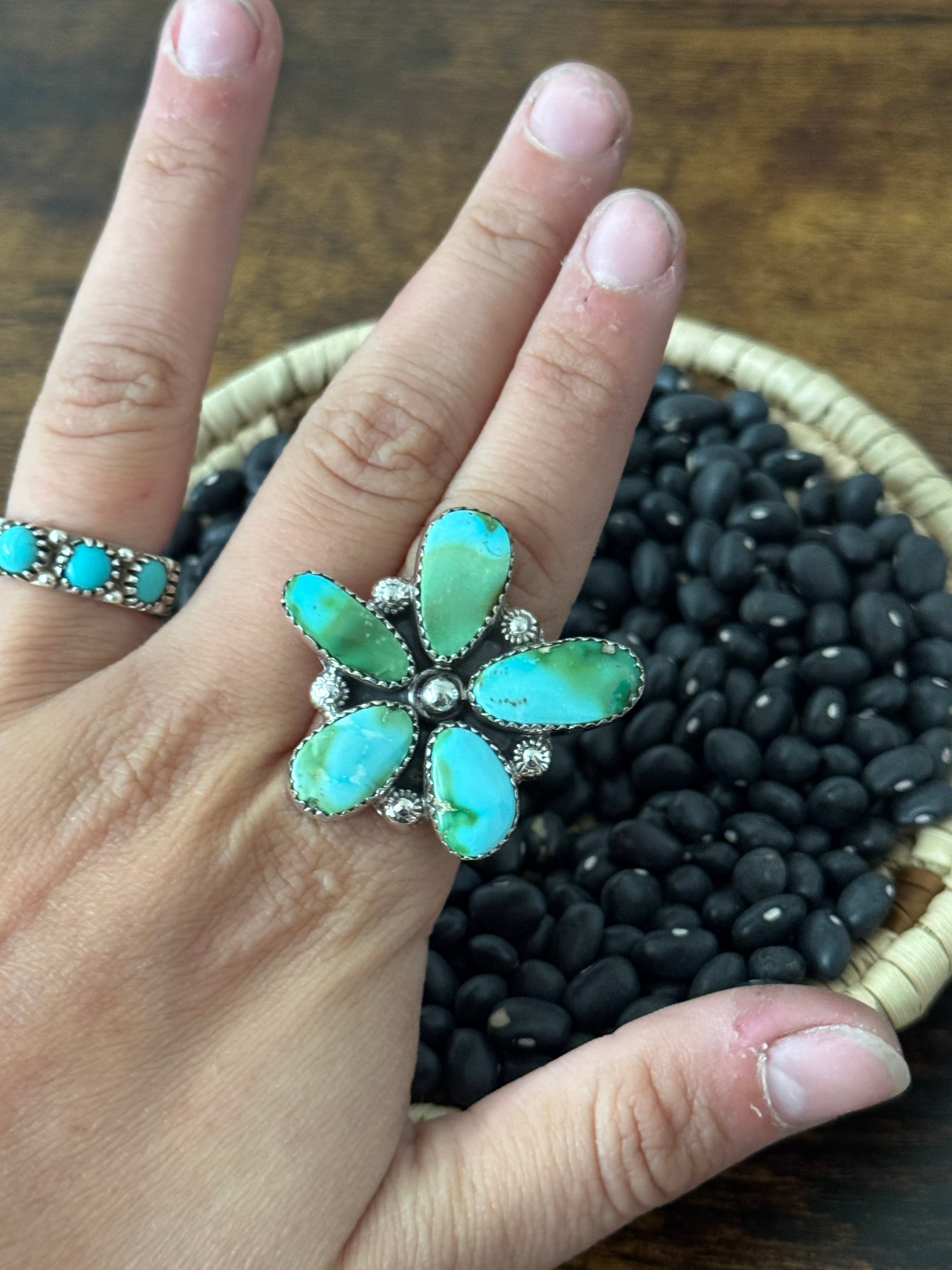 Southwest Handmade Sonoran Mountain Turquoise & Sterling Silver Adjustable Cluster Ring