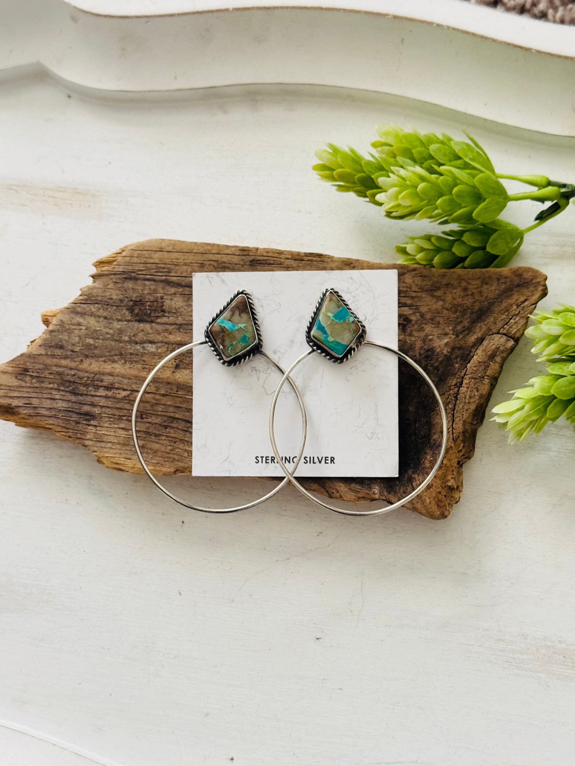 Elouise Kee Ribbon Royston & Sterling Silver Post Dangle Hoop Earrings