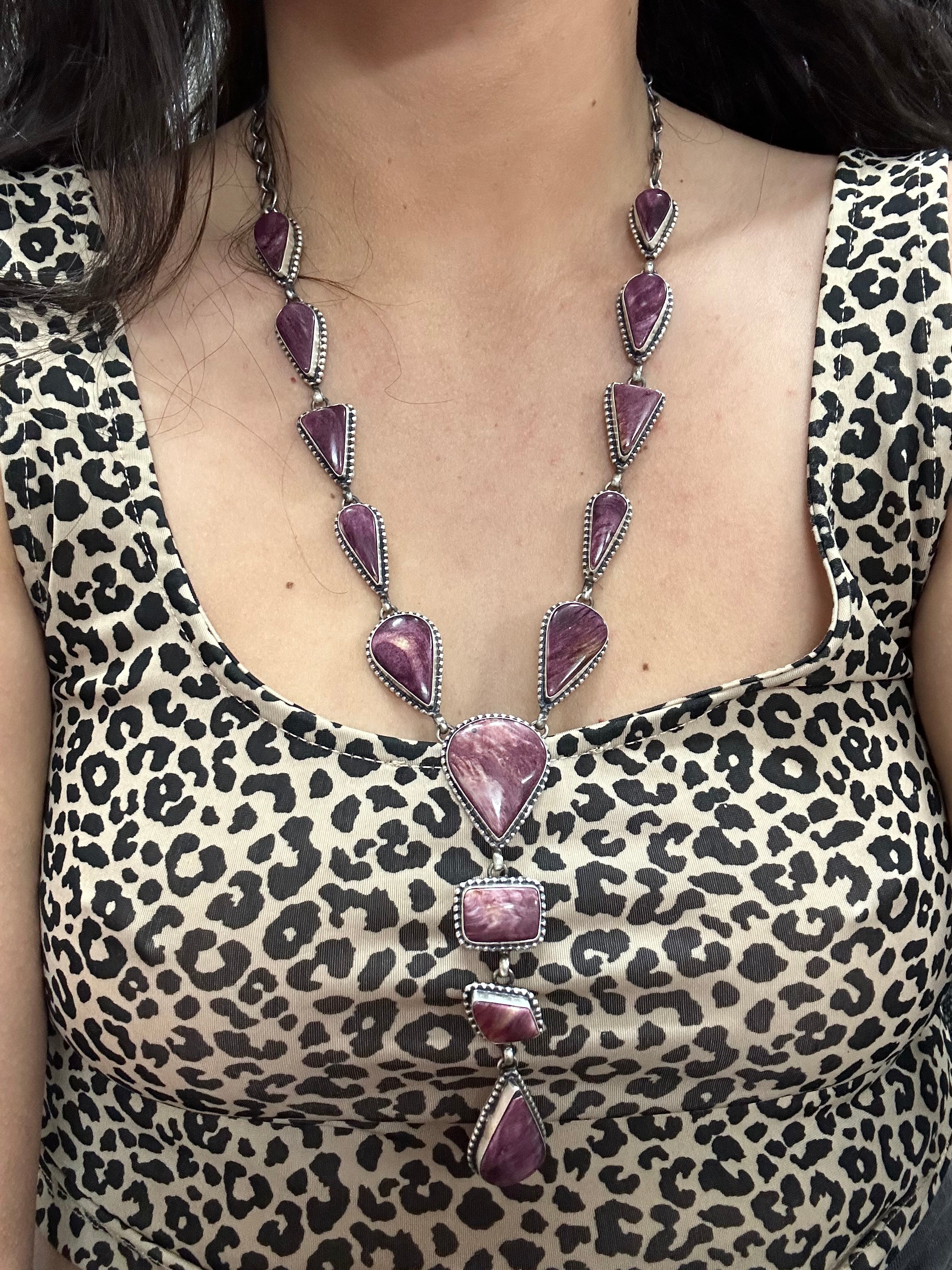 Navajo Made Purple Spiny Oyster & Sterling Silver Necklace Set