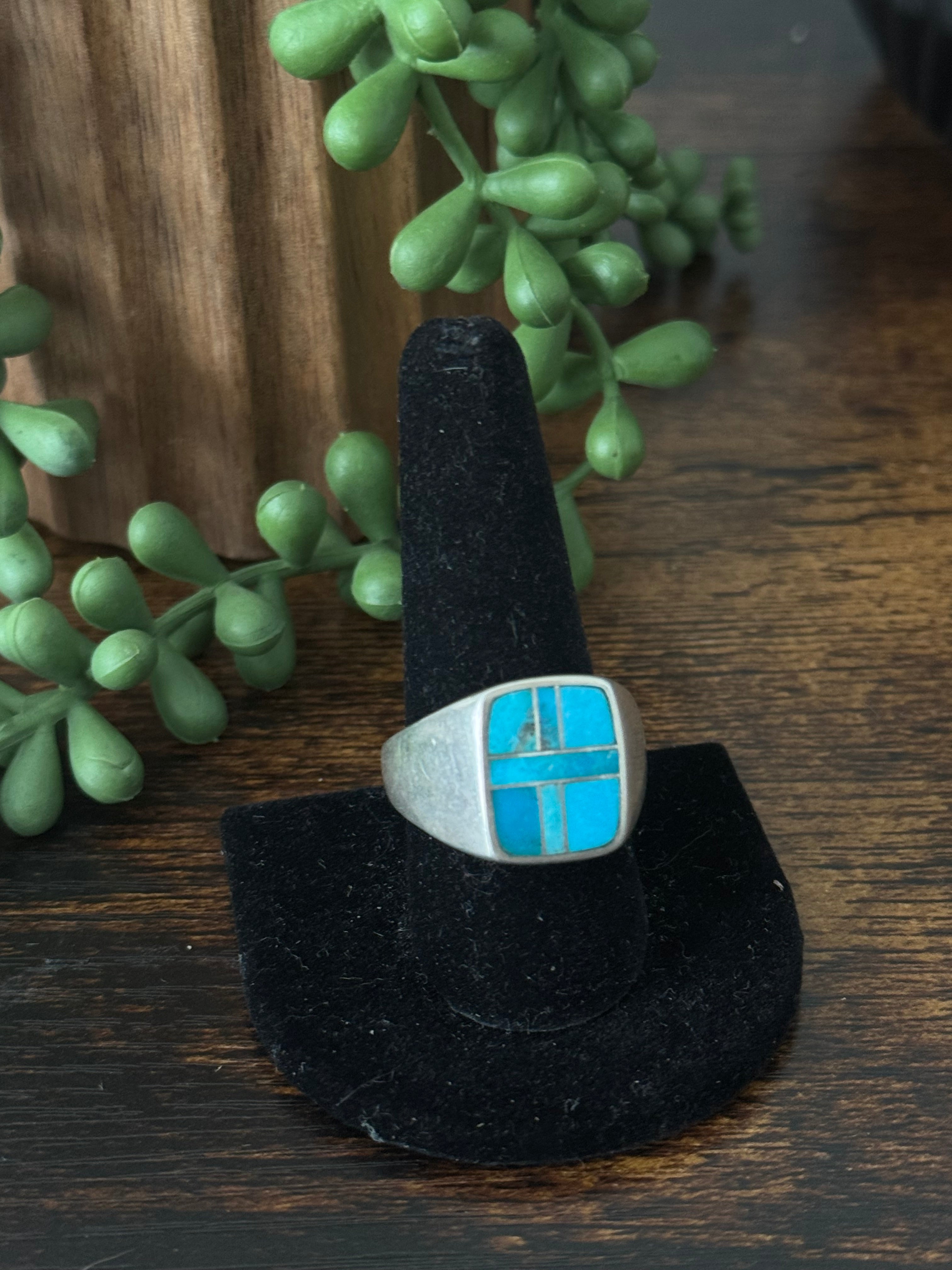 Navajo Made Kingman Turquoise & Sterling Silver Inlay Ring Size 10