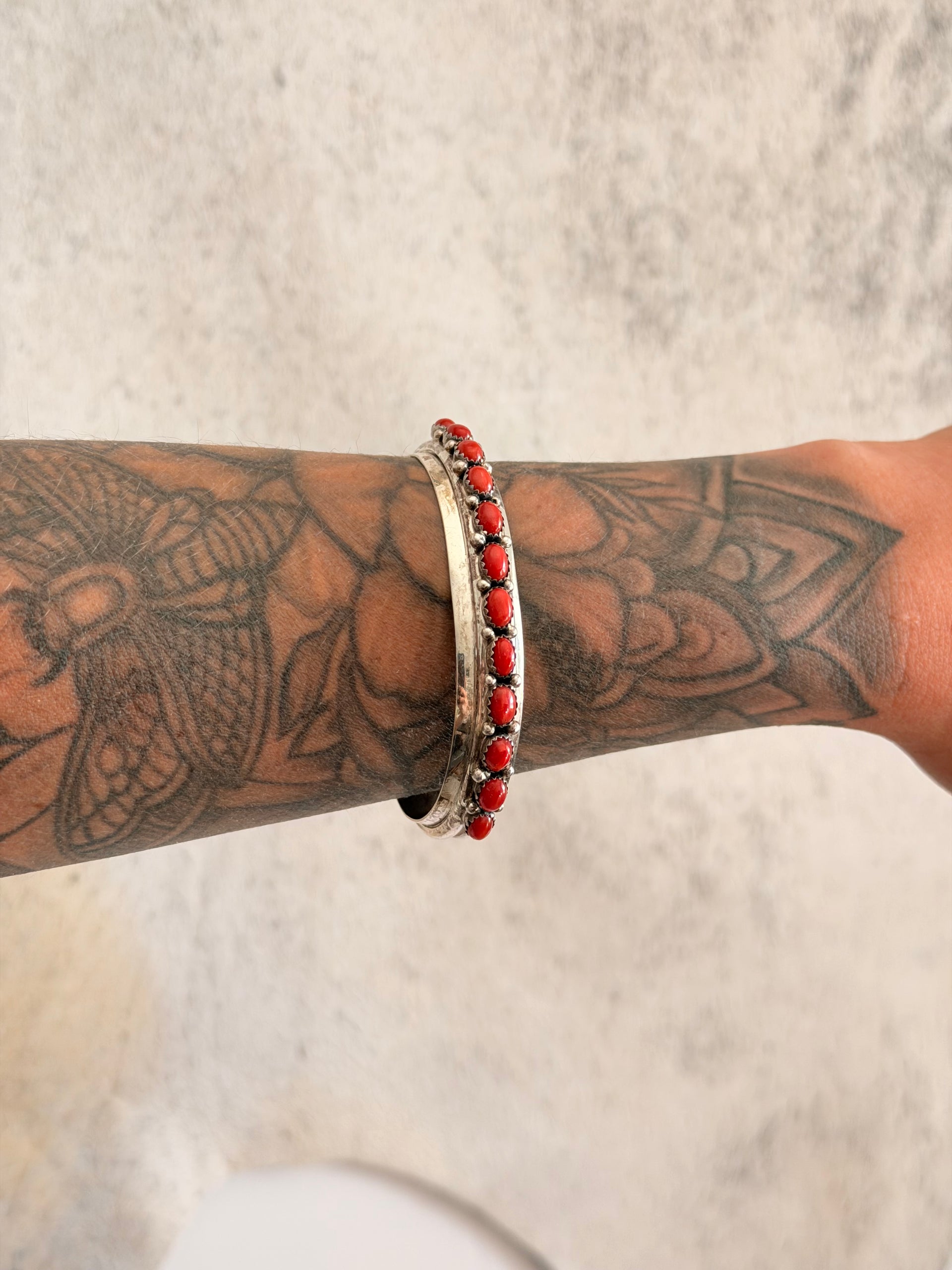 Paul Livingston Red Coral & Sterling Silver Cluster Cuff Bracelet