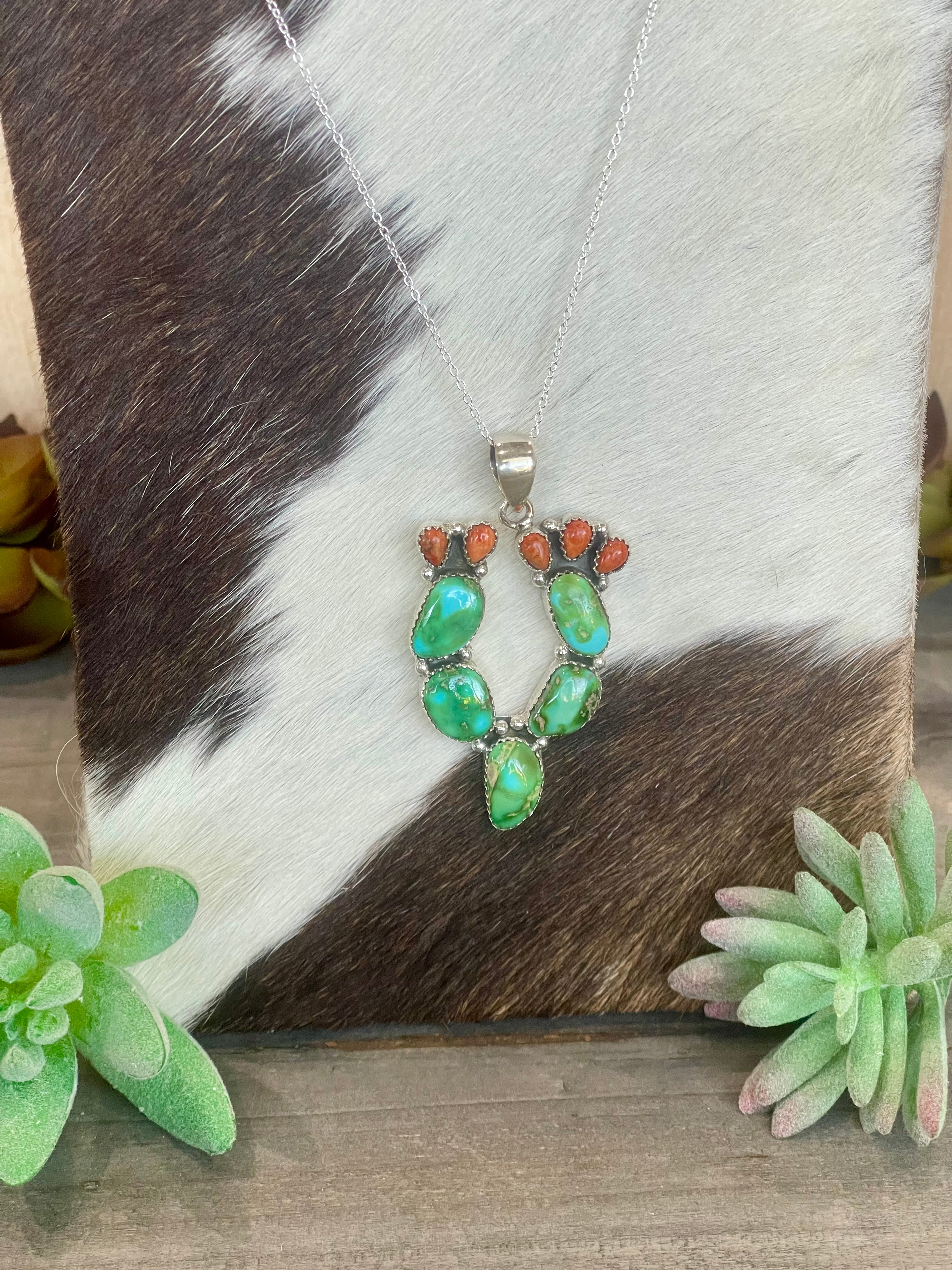 Southwest Handmade Sonoran Mountain Turquoise & Sterling Silver Prickly Pear  Necklace