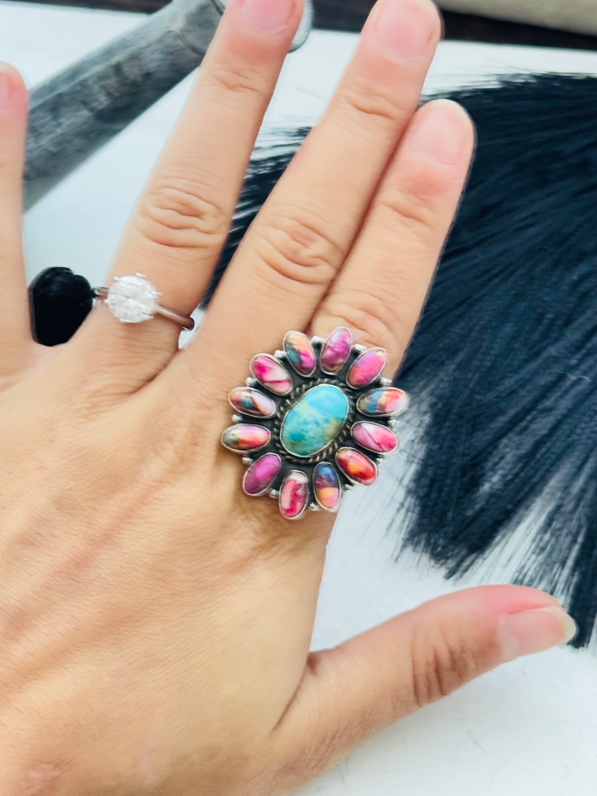 Southwest Handmade Multi Stone & Sterling Silver Adjustable Cluster Ring