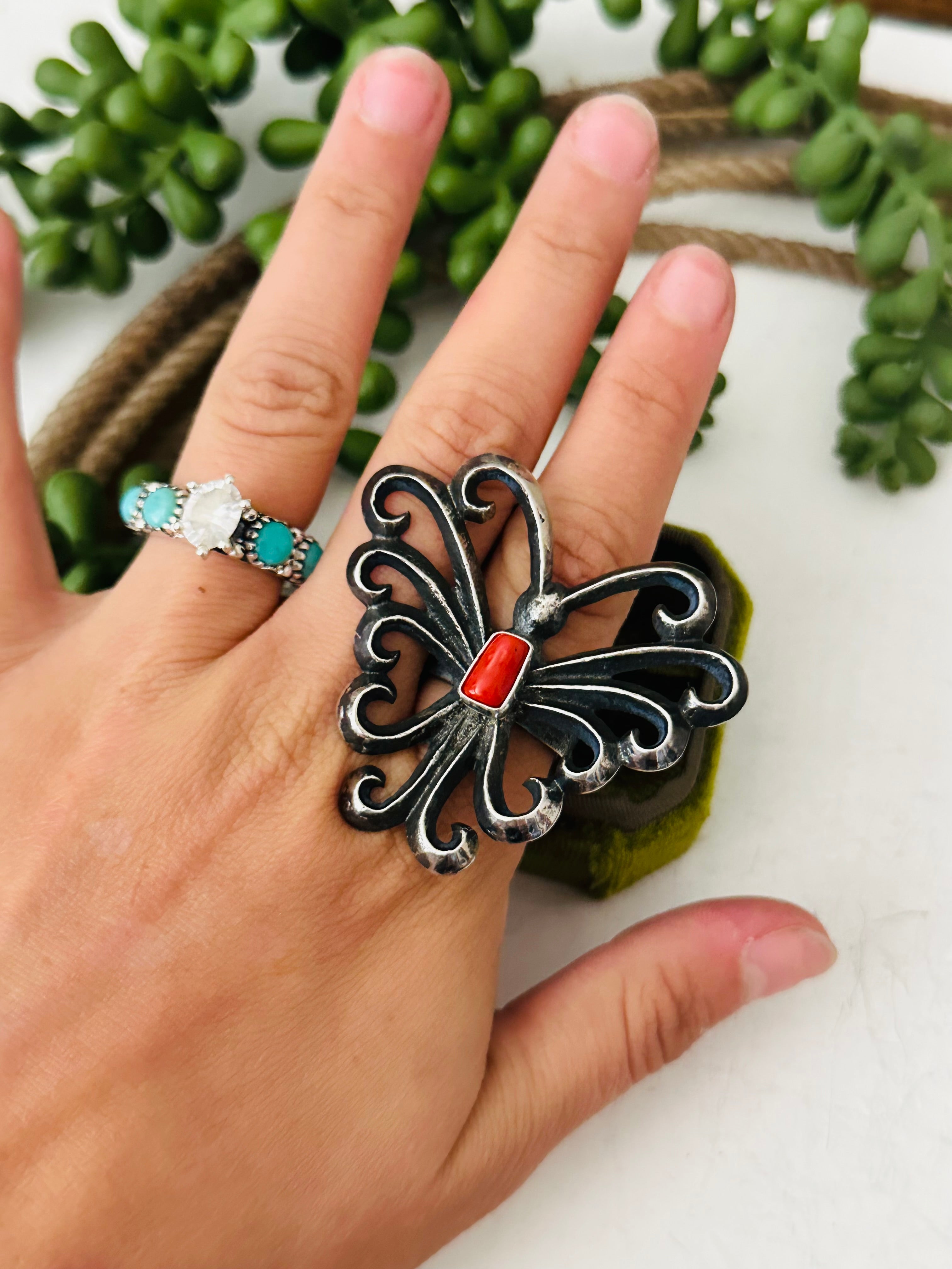 Navajo Made Coral & Sterling Silver Butterfly Ring