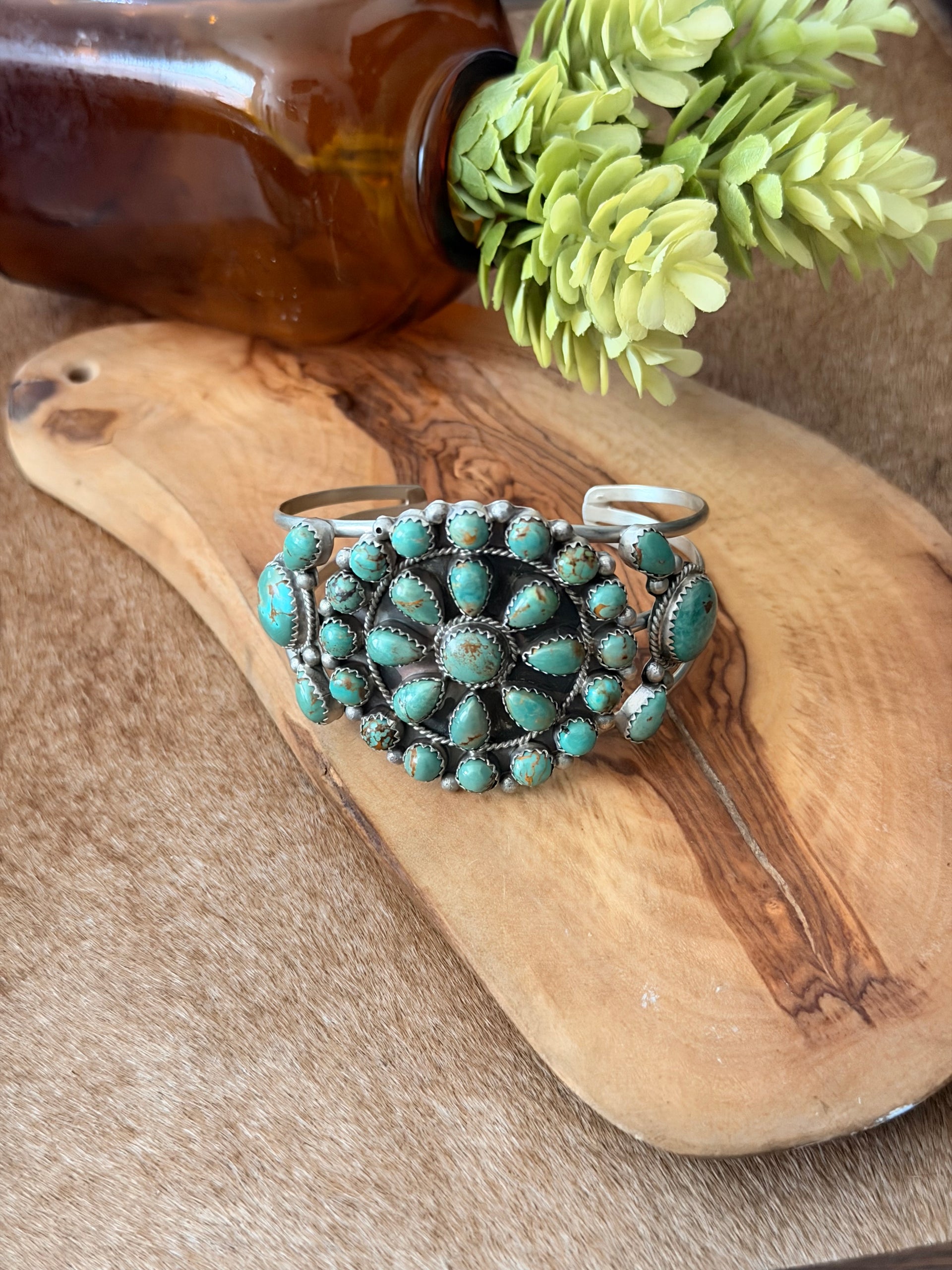 Janet Jake Kingman Turquoise & Sterling Silver Cluster Cuff Bracelet