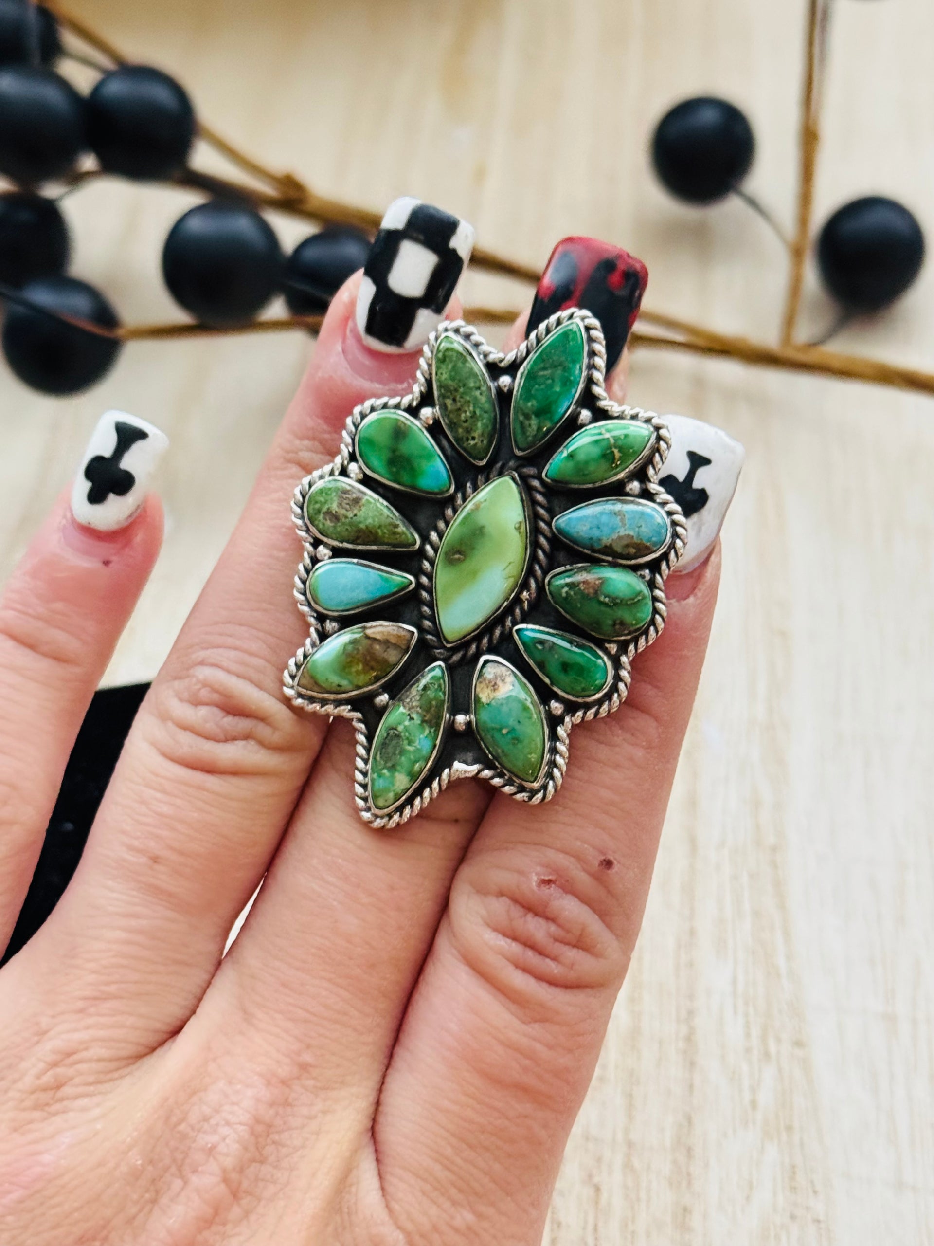 Southwest Handmade Sonoran Mountain Turquoise & Sterling Silver Adjustable Cluster Ring