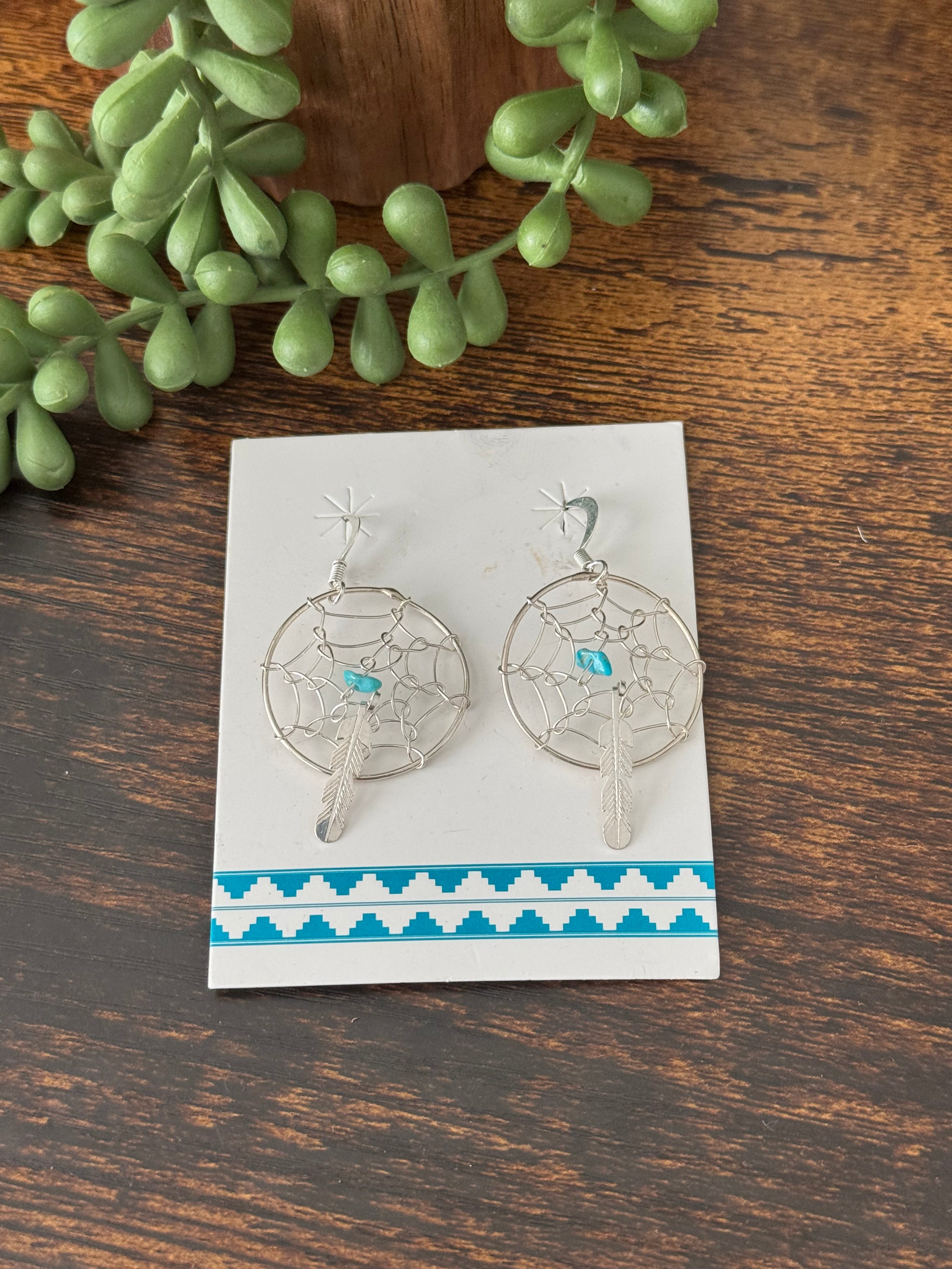 Navajo Made Turquoise & Sterling Silver Dream Catcher Dangle Earrings