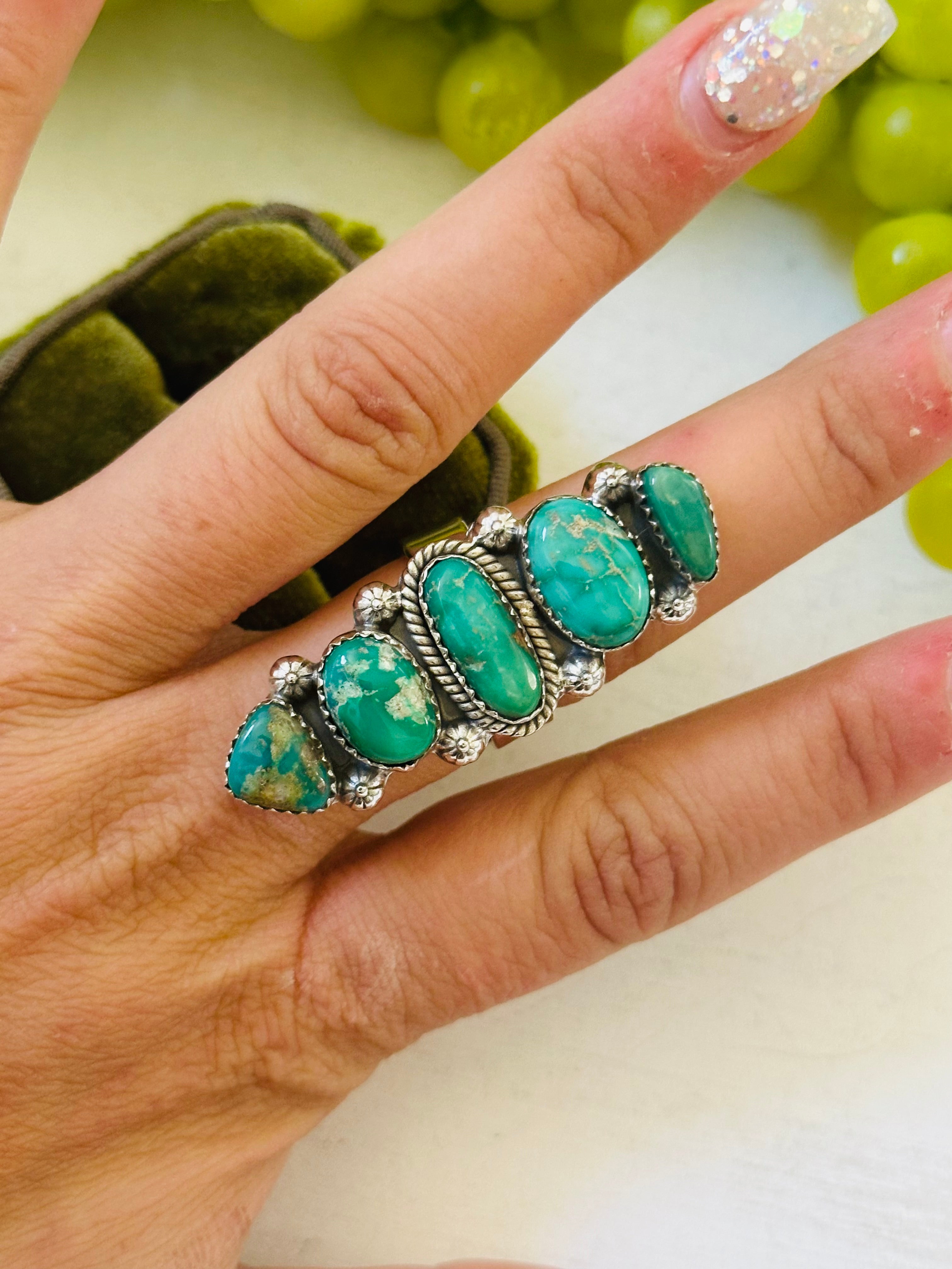 Southwest Handmade Emerald Valley Turquoise & Sterling Silver Adjustable Cluster Ring