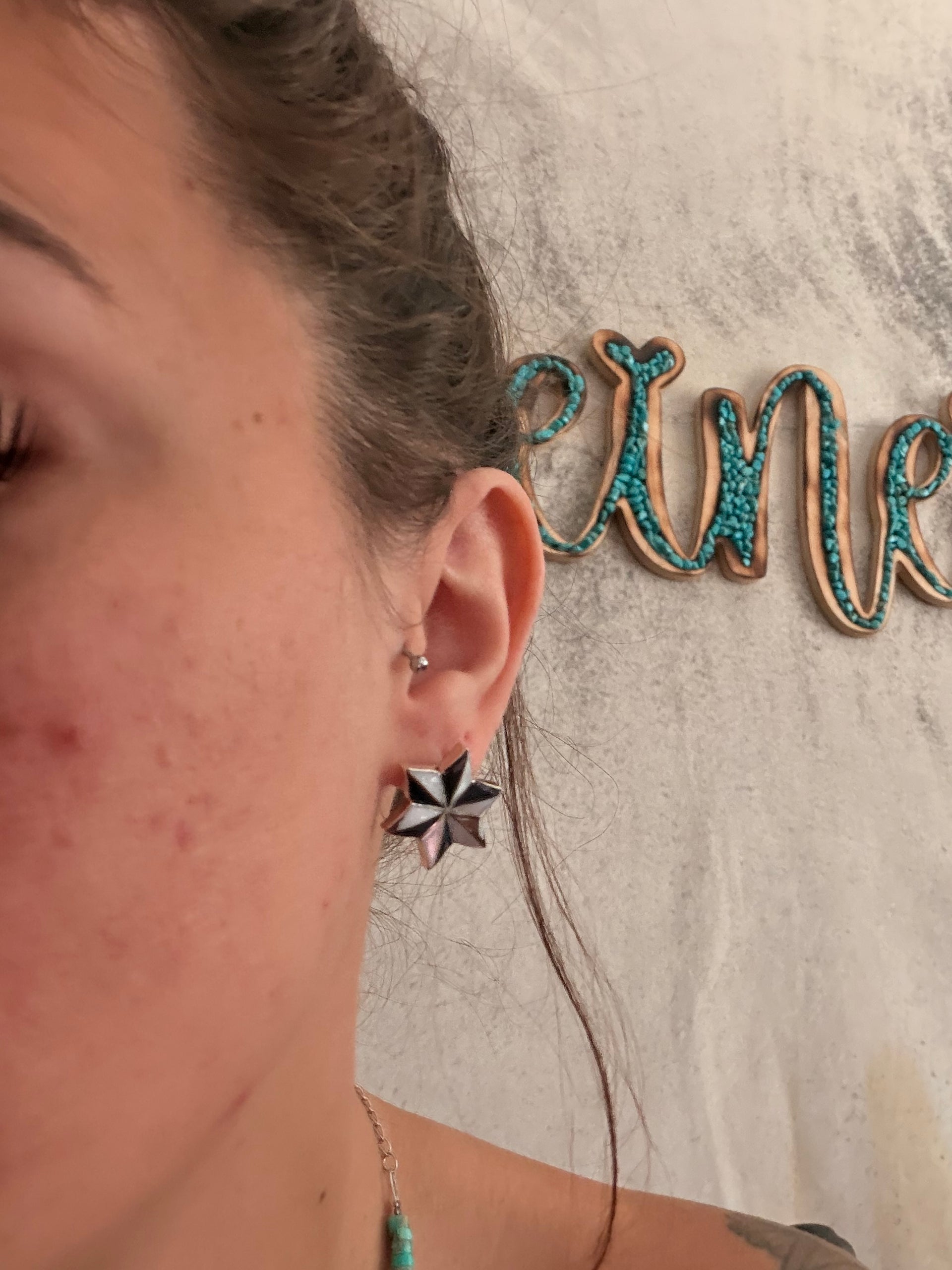 Zuni Made Multi Stone & Sterling Silver Post Star Inlay Earrings