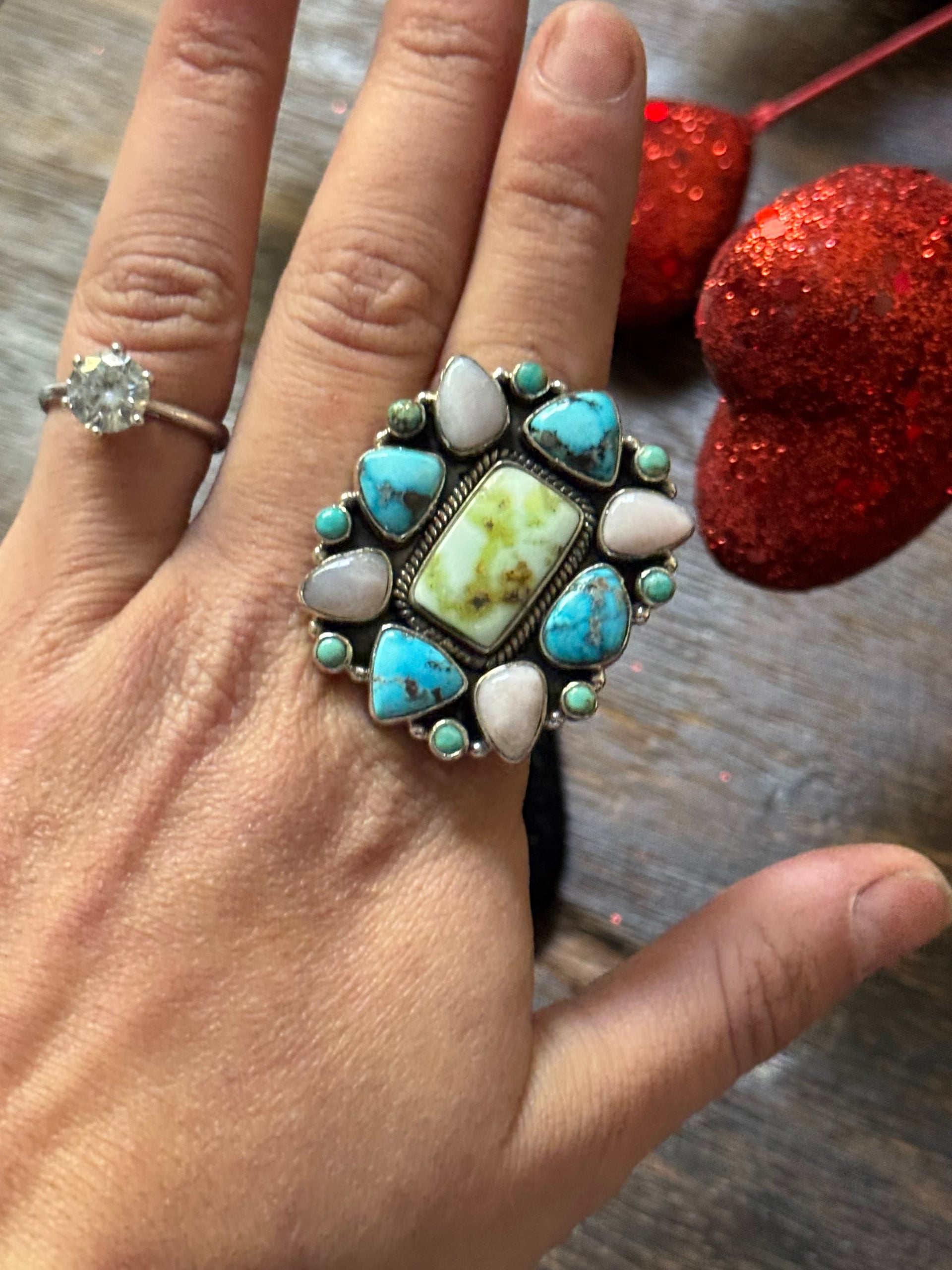 Southwest Handmade Multi Stone & Sterling Silver Adjustable Cluster Ring