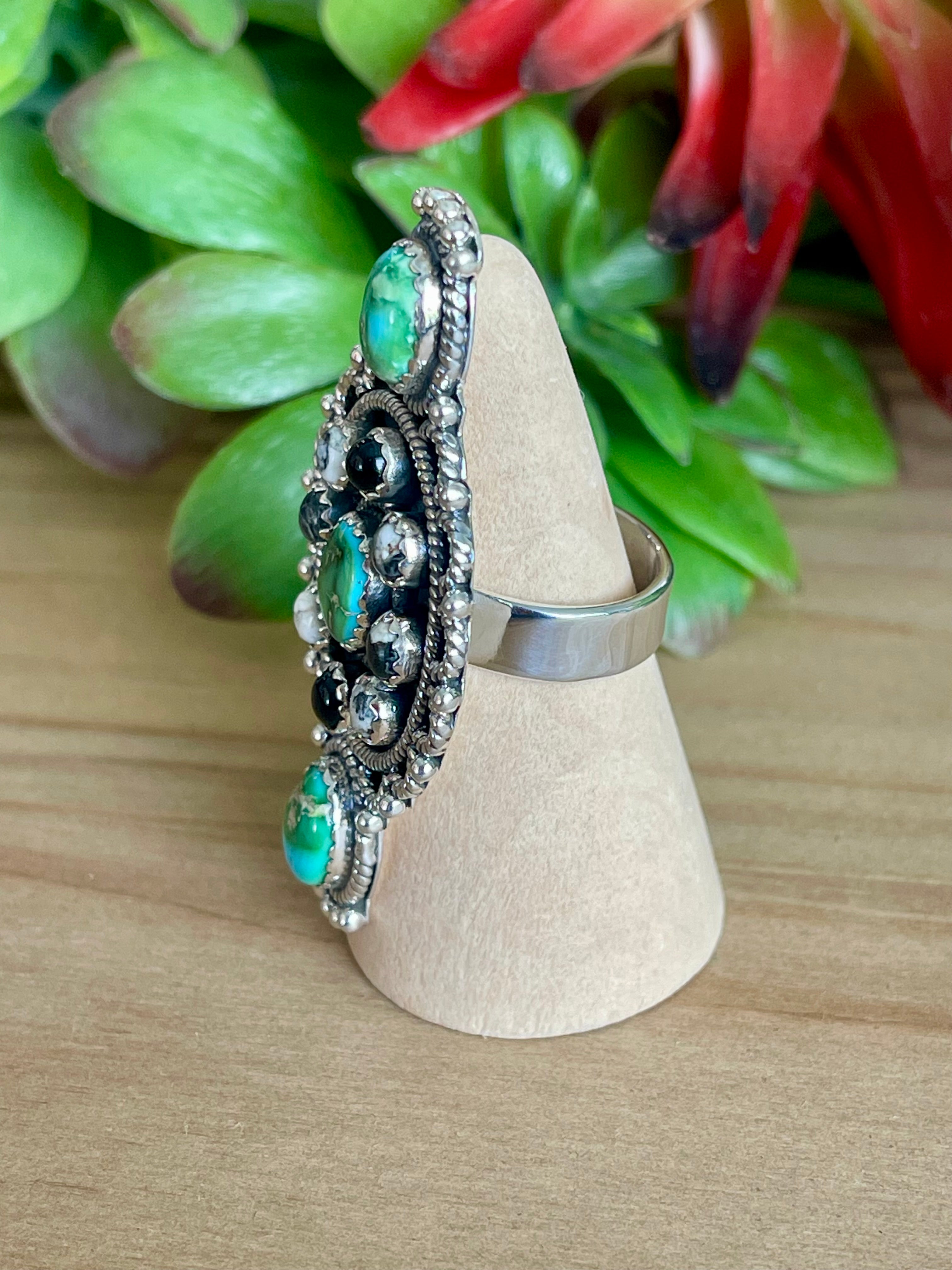 Southwest Handmade Multi Stone & Sterling Silver Adjustable Cluster Ring