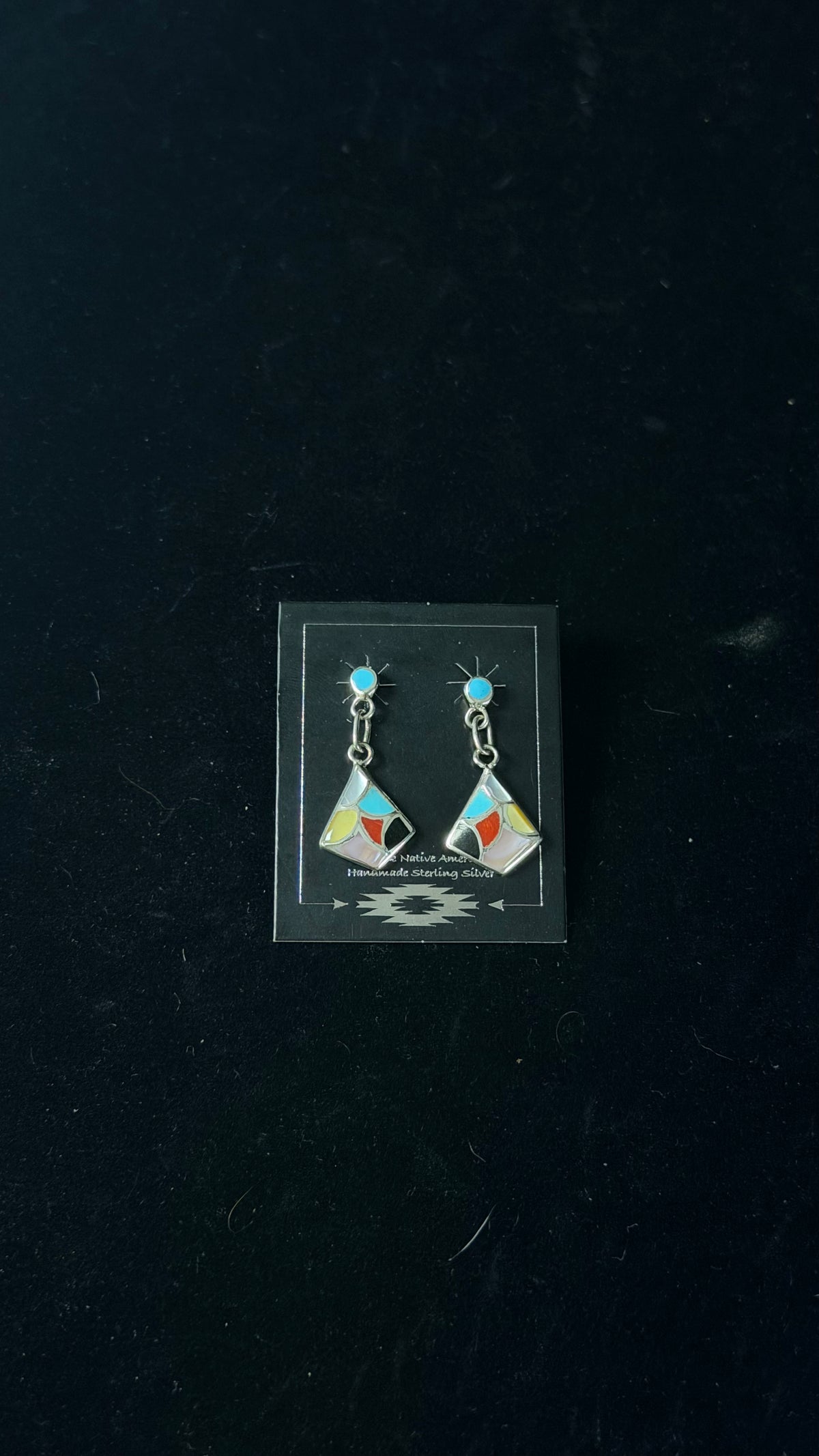 Zuni Made Multi Stone & Sterling Silver Post Dangle Inlay Earrings