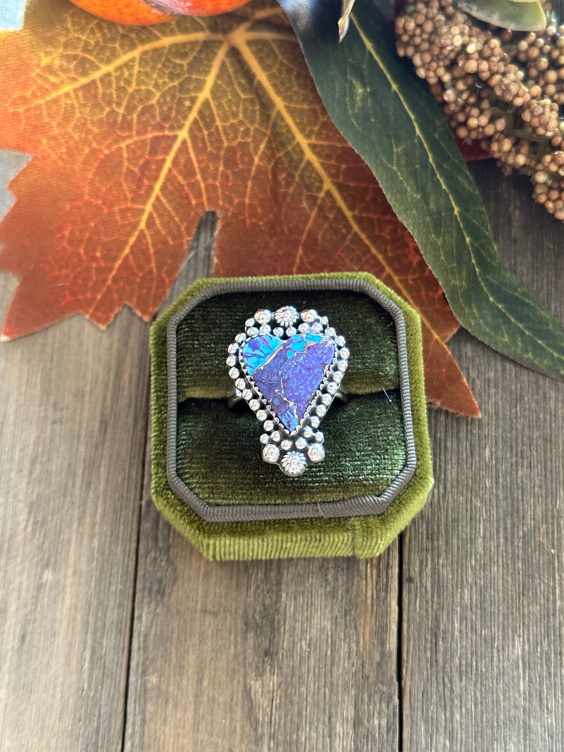Southwest Handmade Mohave Turquoise & Sterling Silver Heart Ring Size 8.75