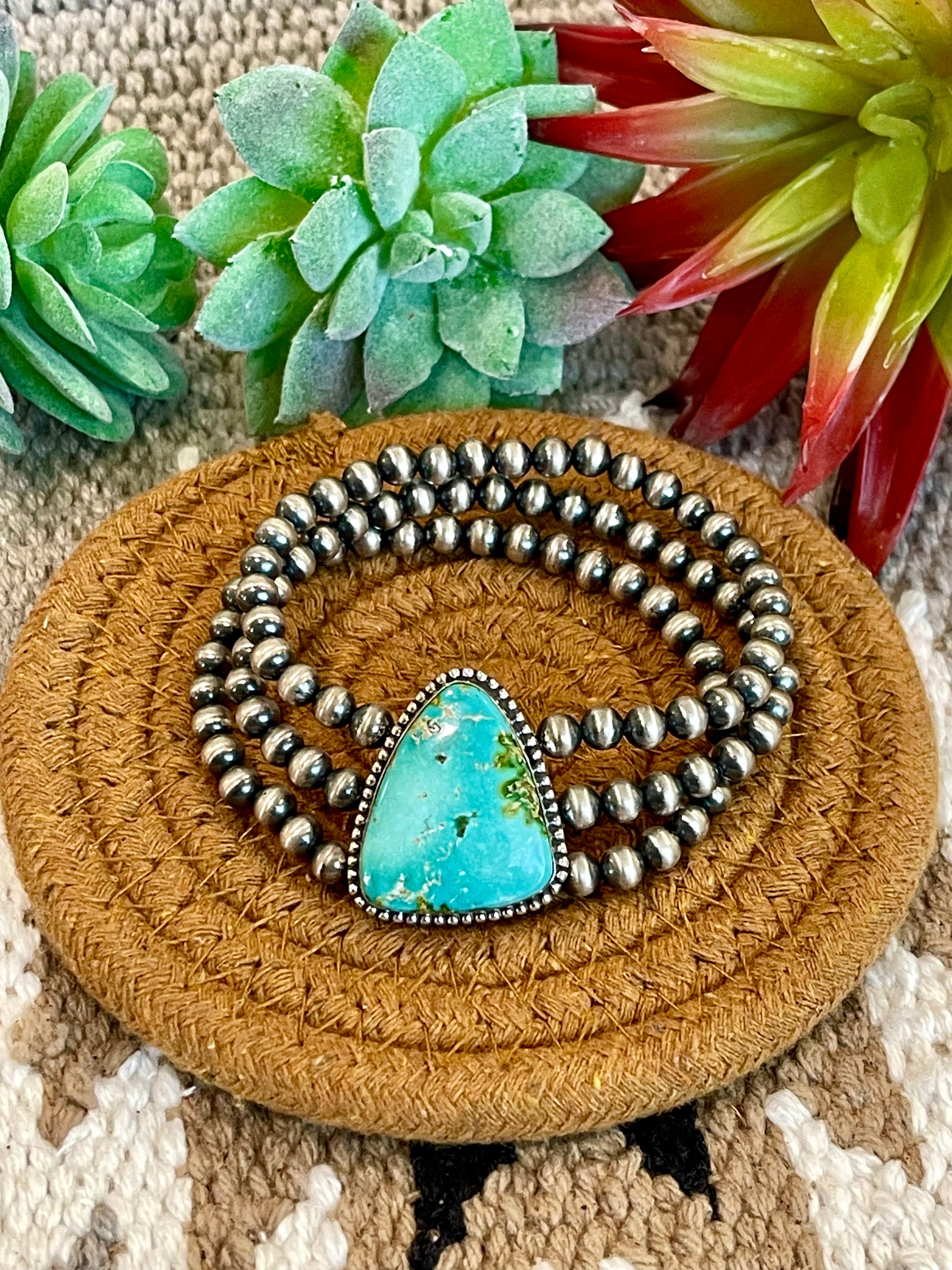 Southwest Handmade Sonoran Mountain Turquoise & Sterling Silver 3 Strand Beaded Stretch Bracelet