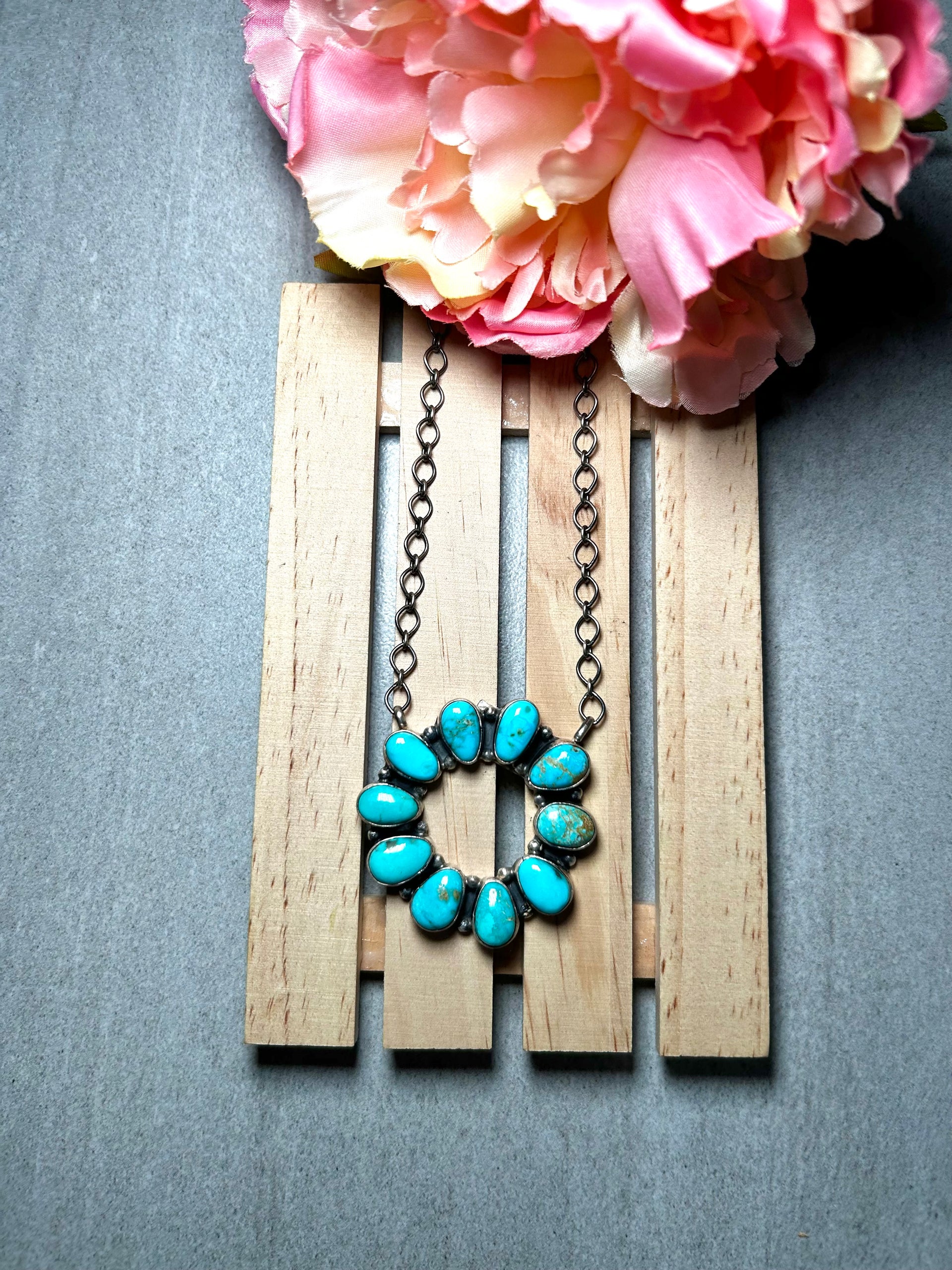 Navajo Made Royston Turquoise & Sterling Silver Cluster Necklace