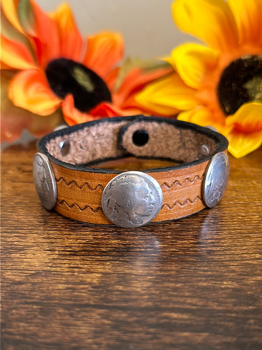 Navajo Made Leather & Sterling Silver Coin Bracelet