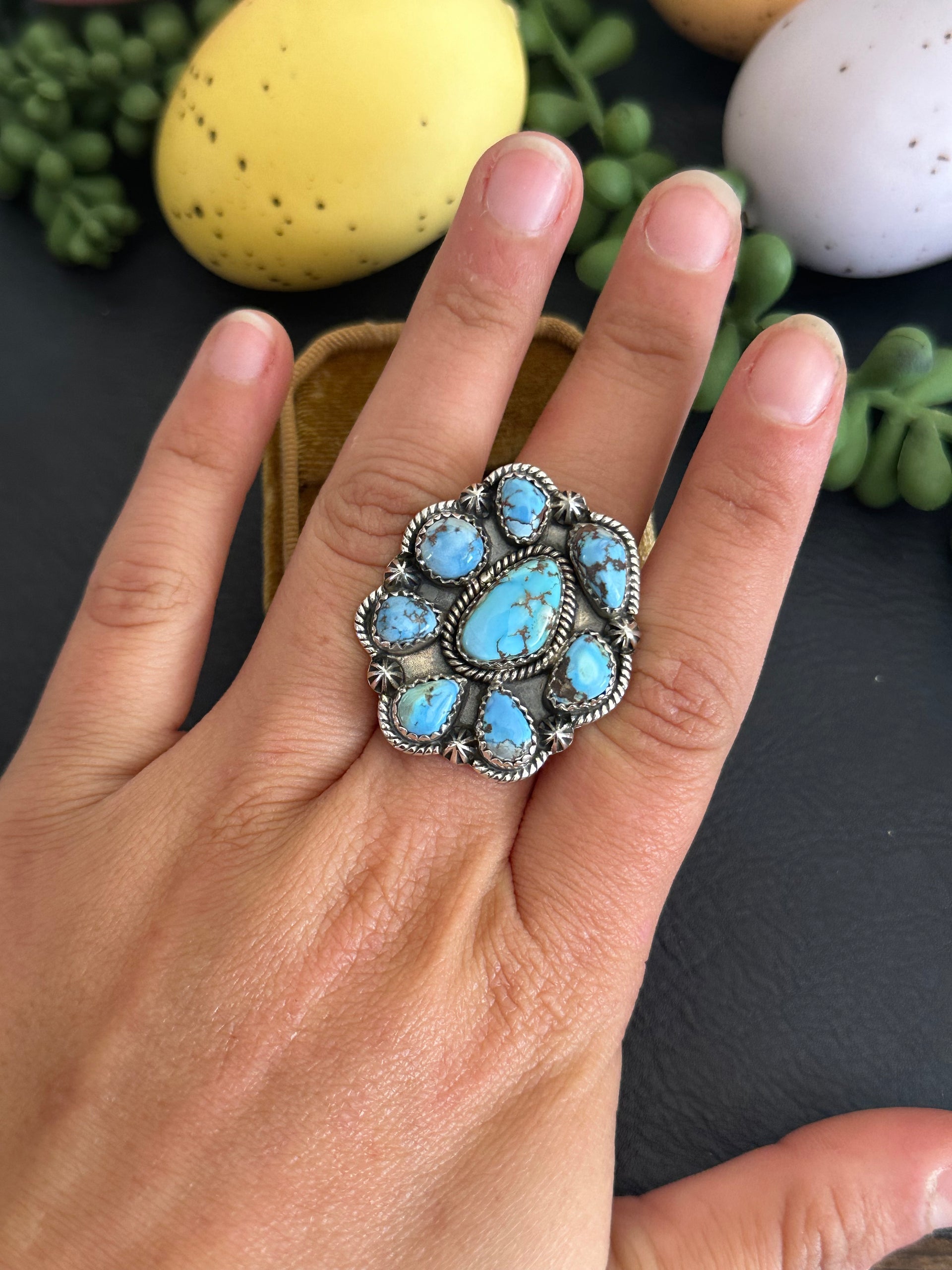 Southwest Handmade Golden Hills Turquoise & Sterling Silver Adjustable Cluster Ring